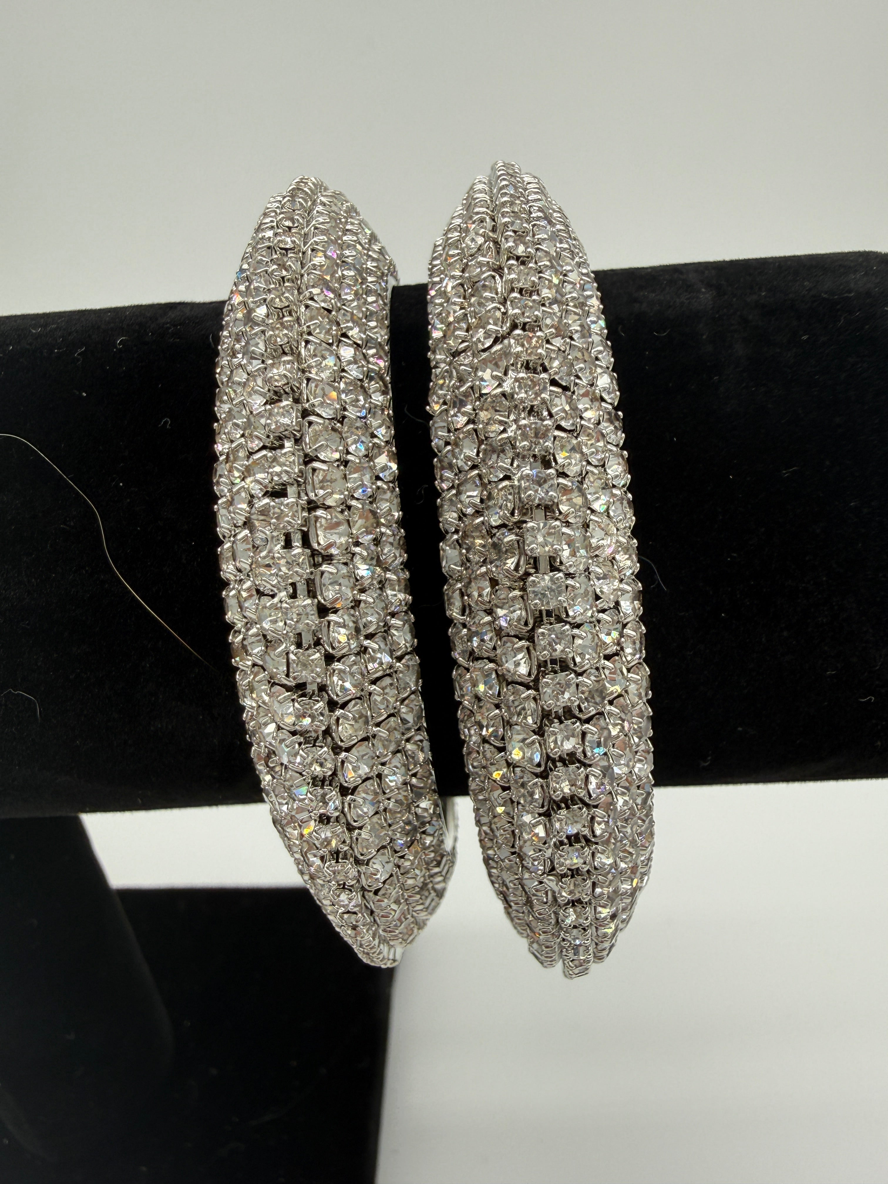 Sparkling Crystal Statement Bangles – Silver Tone (Set of 2)
