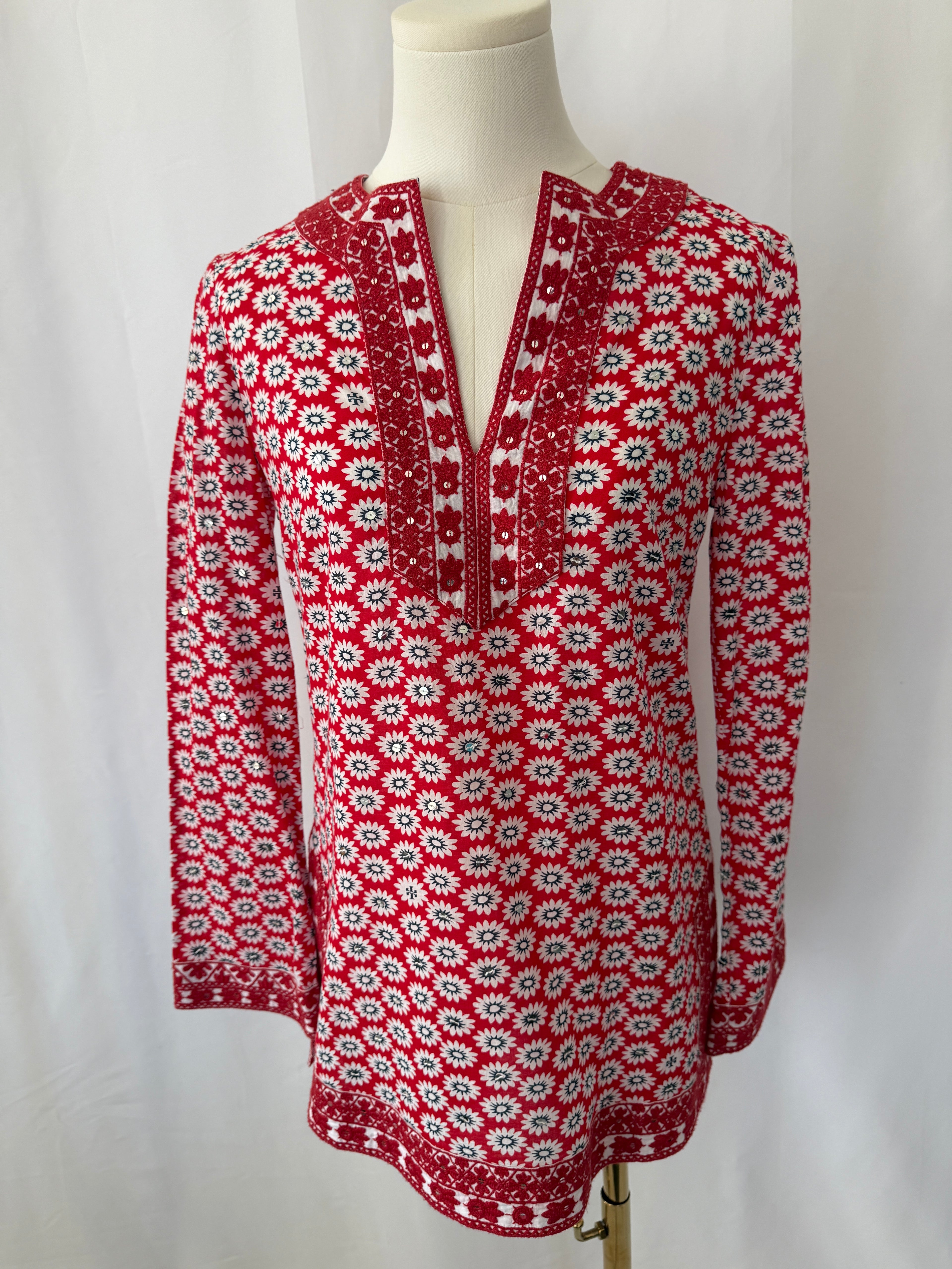 Hand-Embroidered Cotton Tunic Dress | Coral & Mint Detail | Size XS