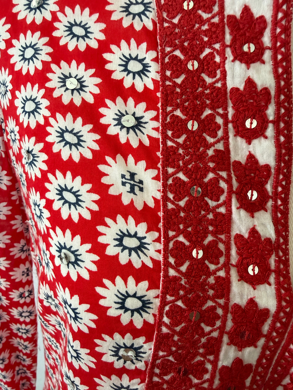 Hand-Embroidered Cotton Tunic Dress | Coral & Mint Detail | Size XS