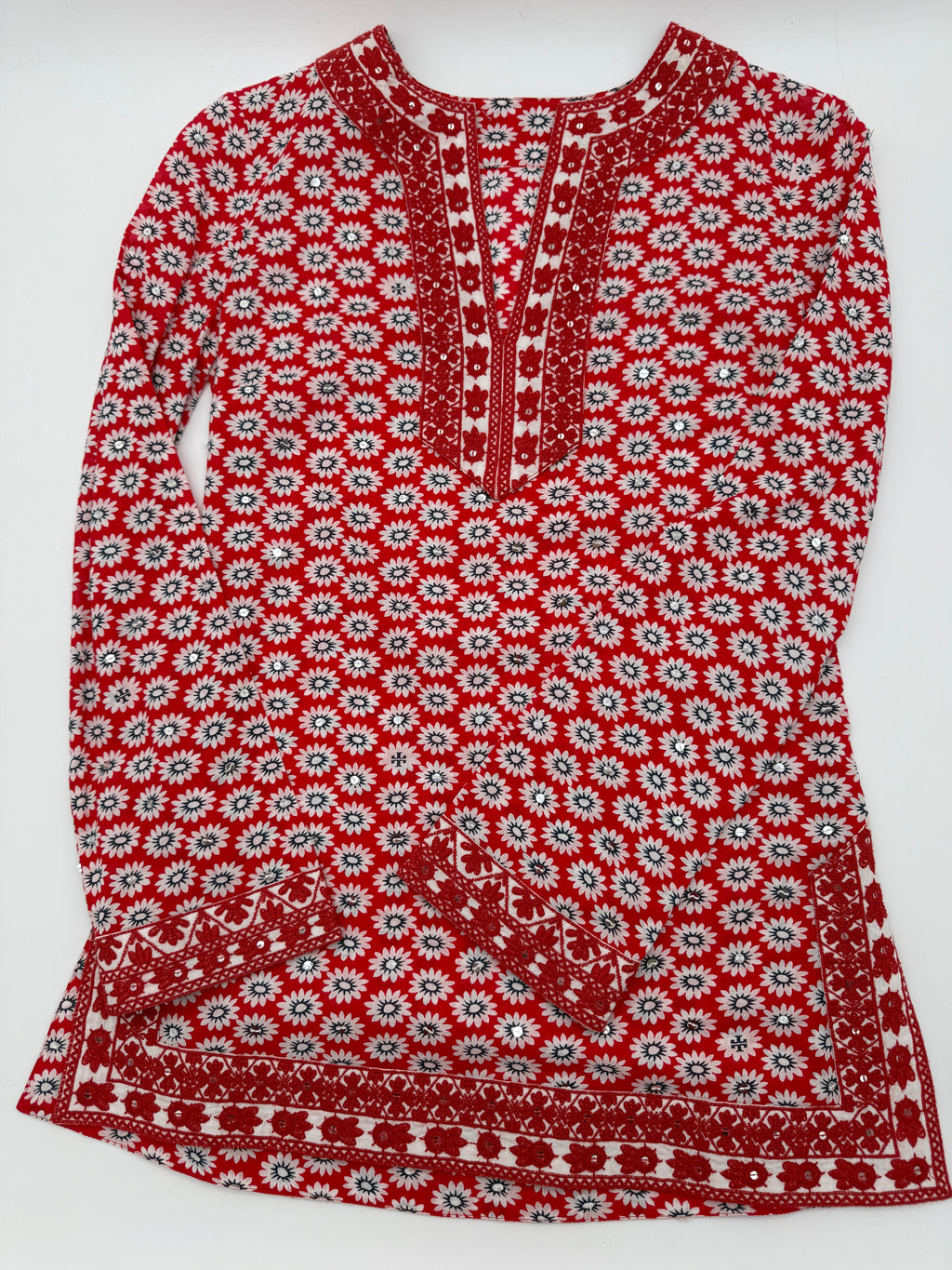 Hand-Embroidered Cotton Tunic Dress | Coral & Mint Detail | Size XS