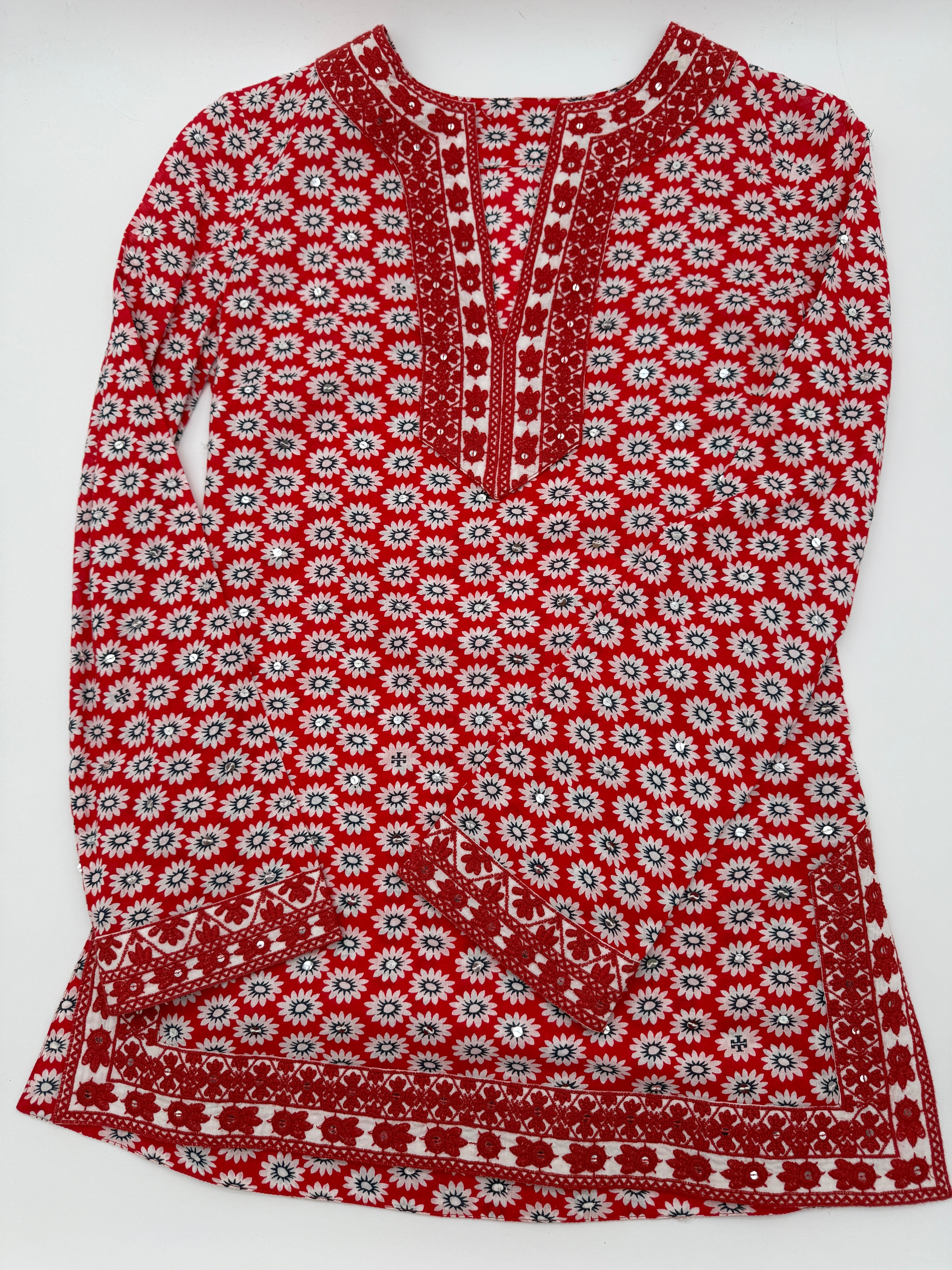 Hand-Embroidered Cotton Tunic Dress | Coral & Mint Detail | Size XS