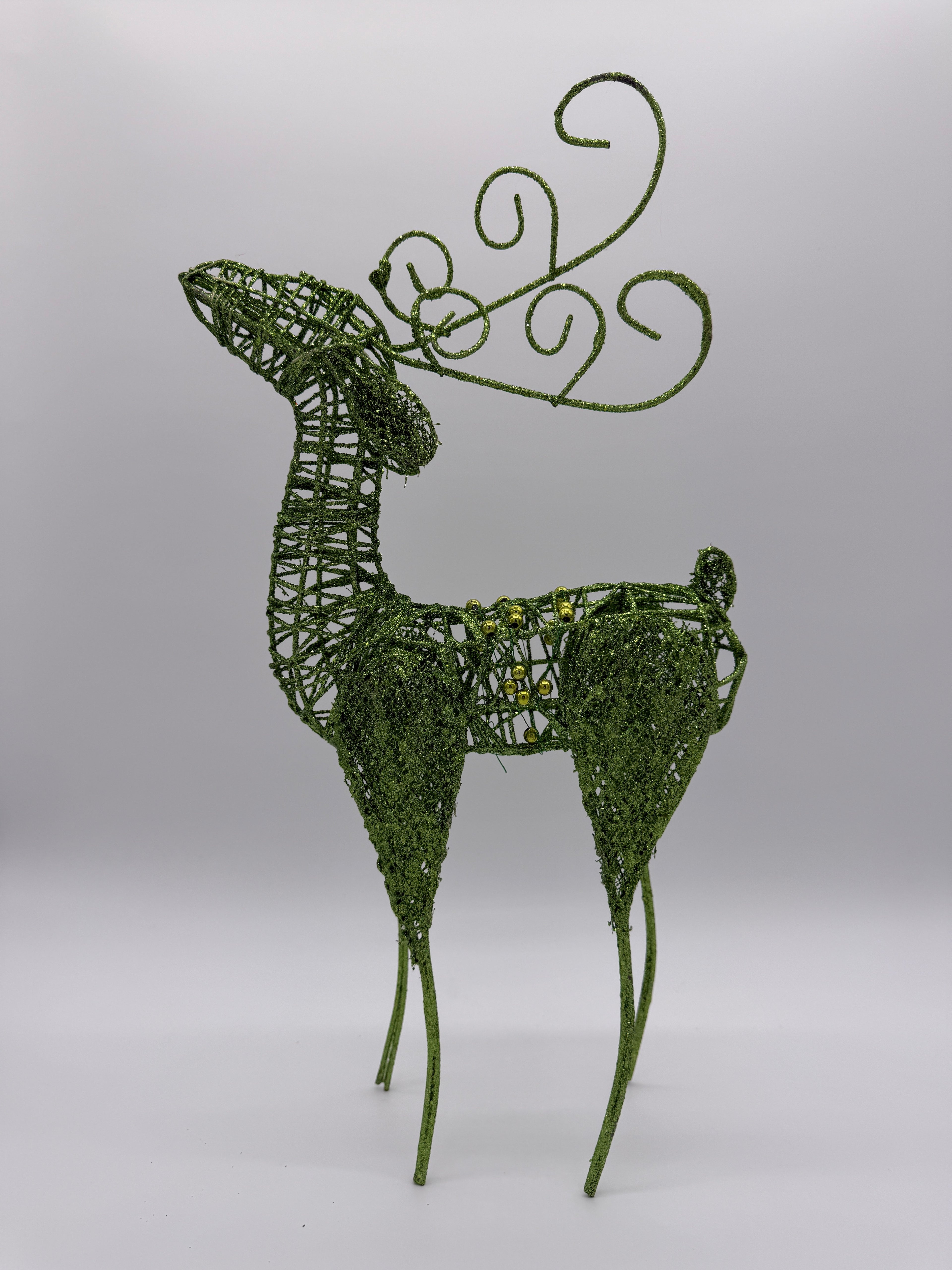 🦌 Tall Green Glitter Reindeer Christmas Decoration – Wire Frame with Gold Accents