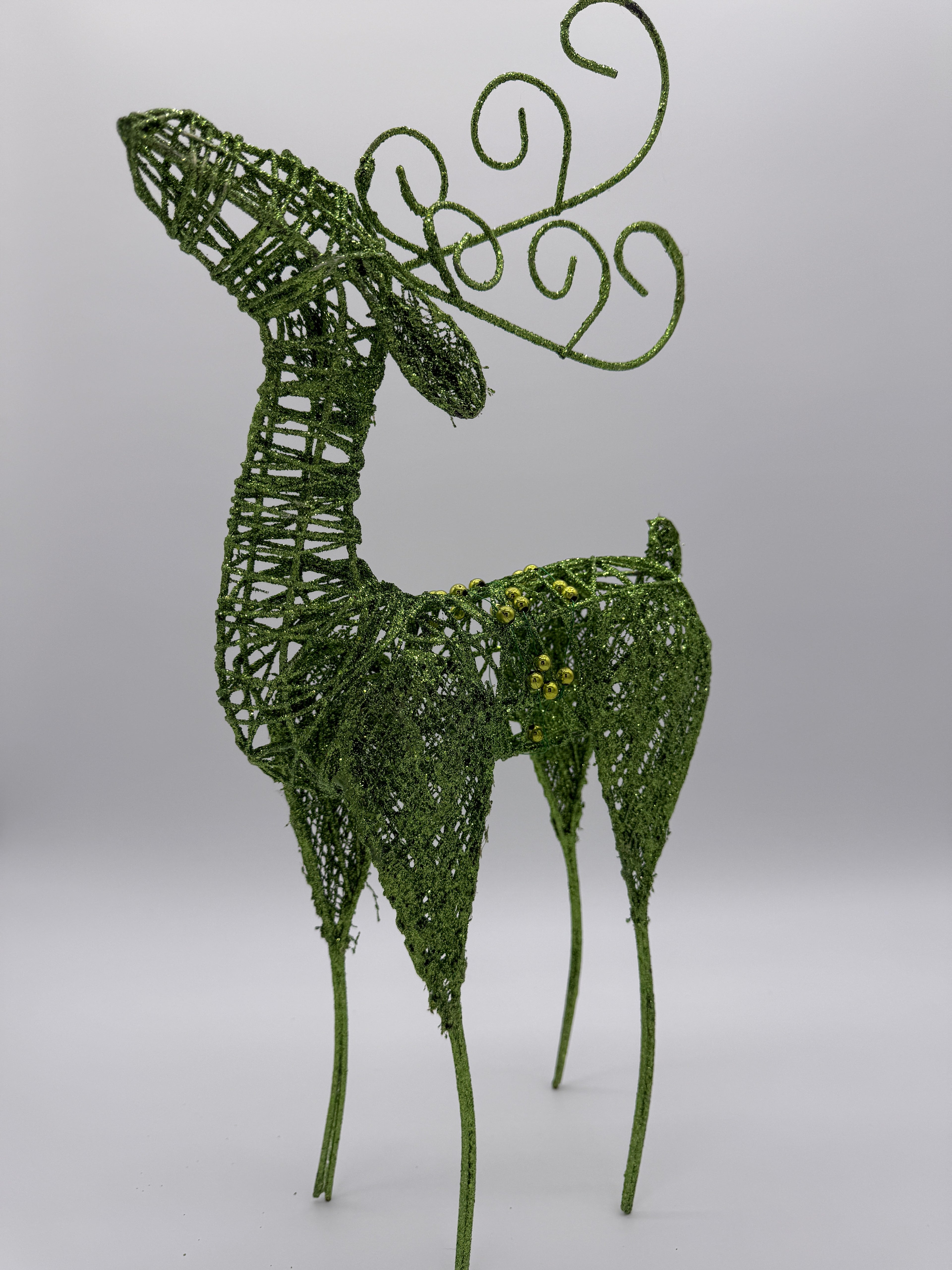 🦌 Tall Green Glitter Reindeer Christmas Decoration – Wire Frame with Gold Accents