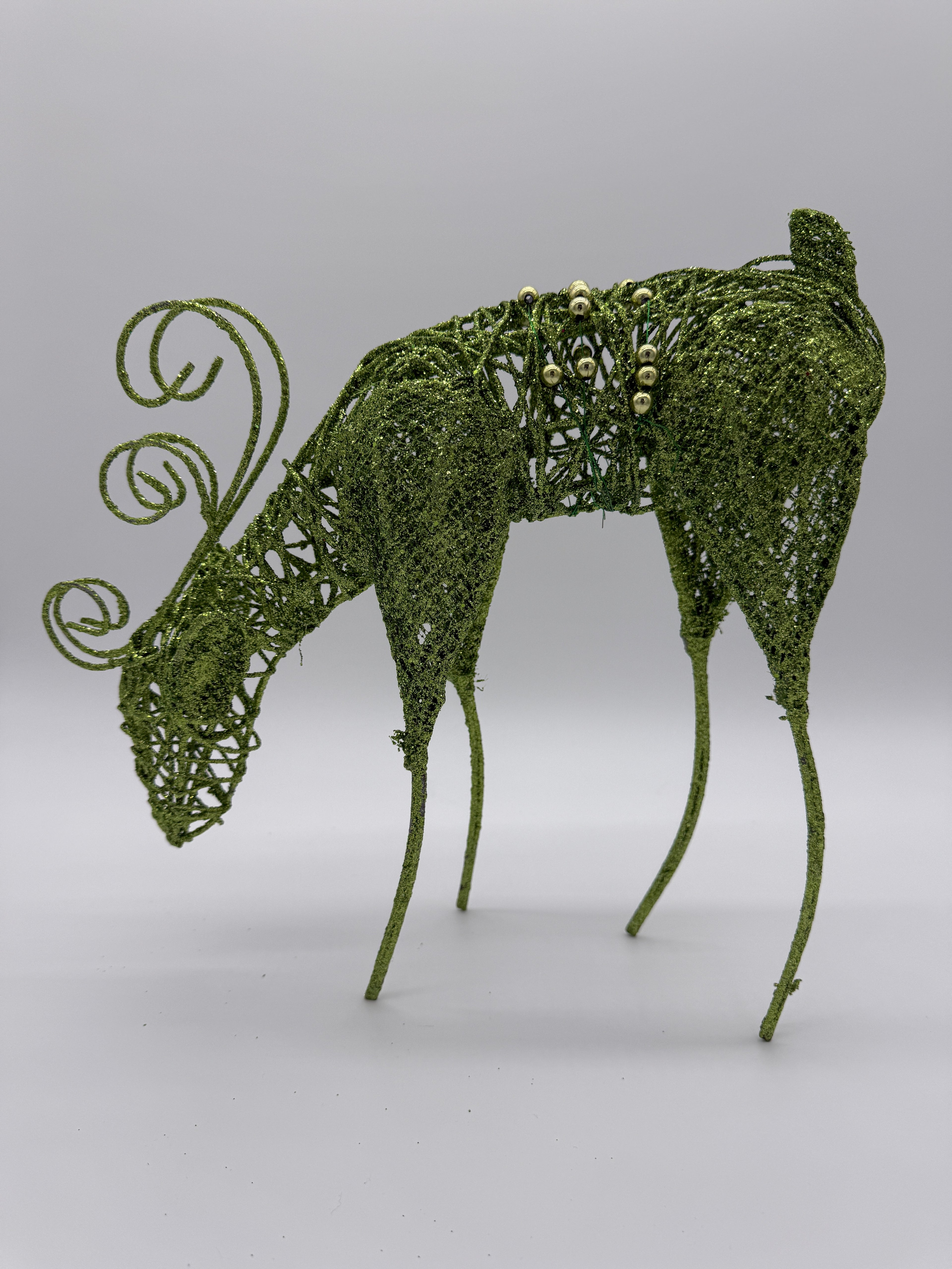 🦌 Green Glitter Reindeer Holiday Decoration – Wire Frame with Gold Bell Accents