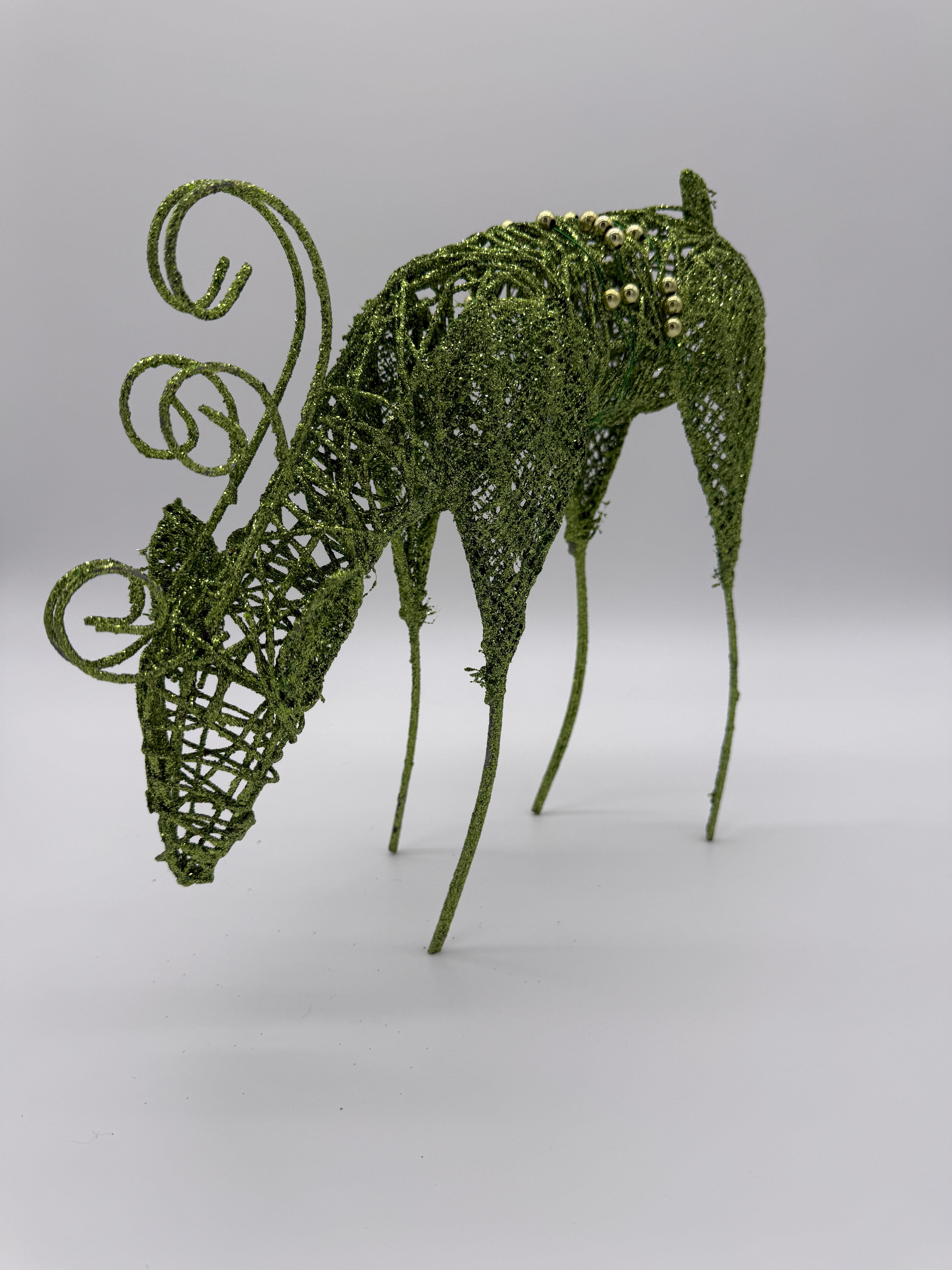 🦌 Green Glitter Reindeer Holiday Decoration – Wire Frame with Gold Bell Accents