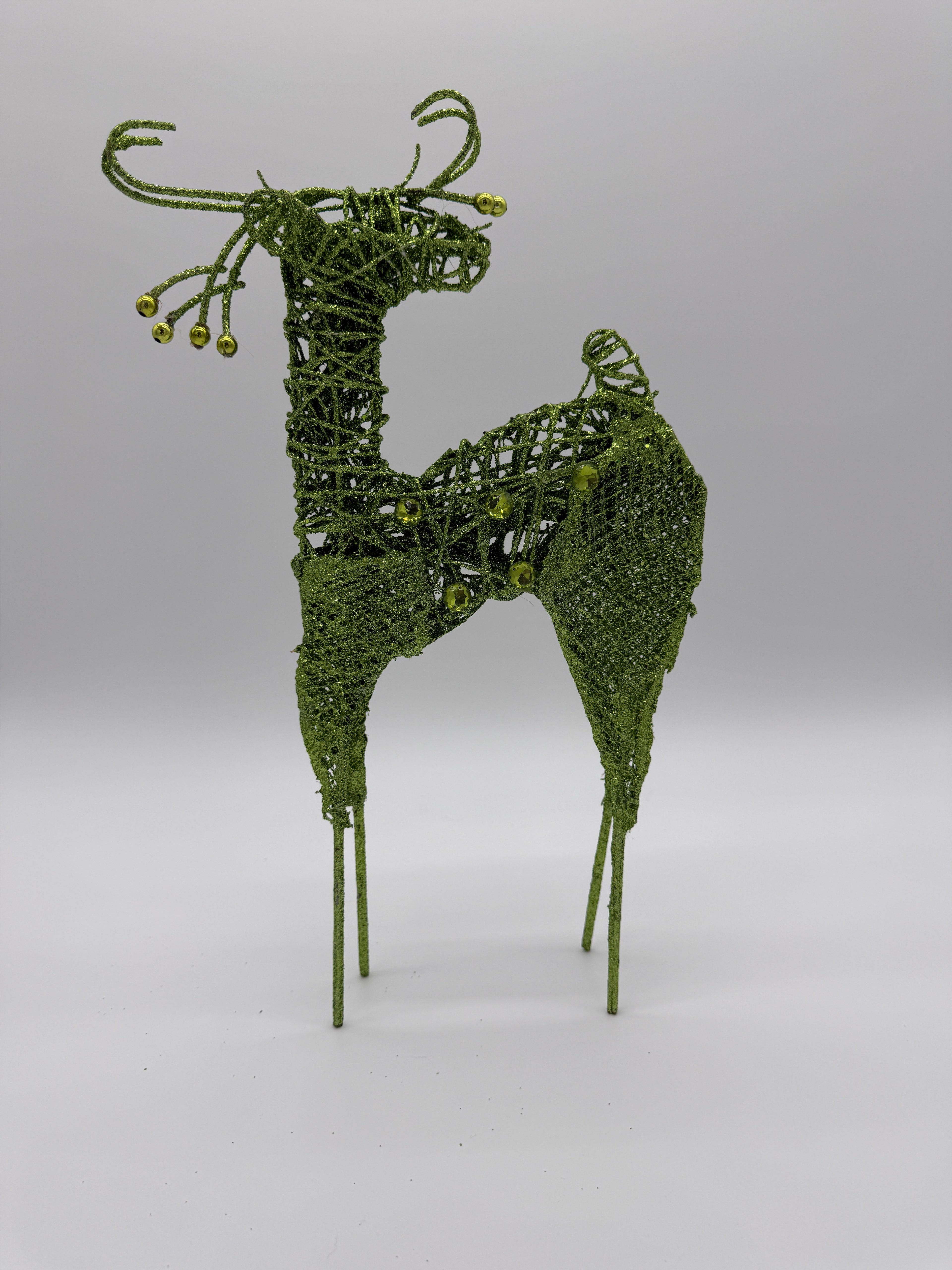 🦌 Green Glitter Reindeer Christmas Decoration – Wire Frame with Gold Accents