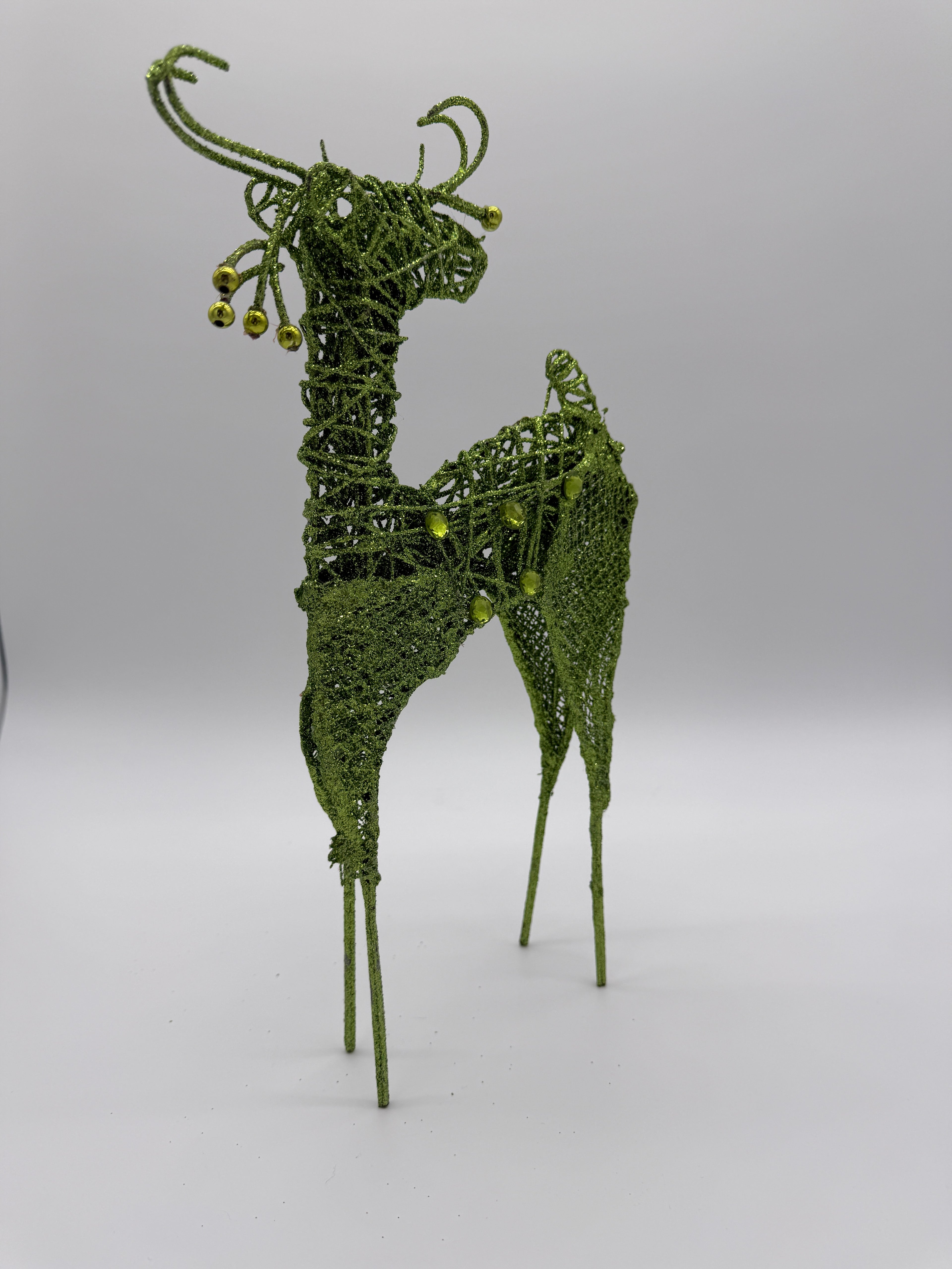 🦌 Green Glitter Reindeer Christmas Decoration – Wire Frame with Gold Accents