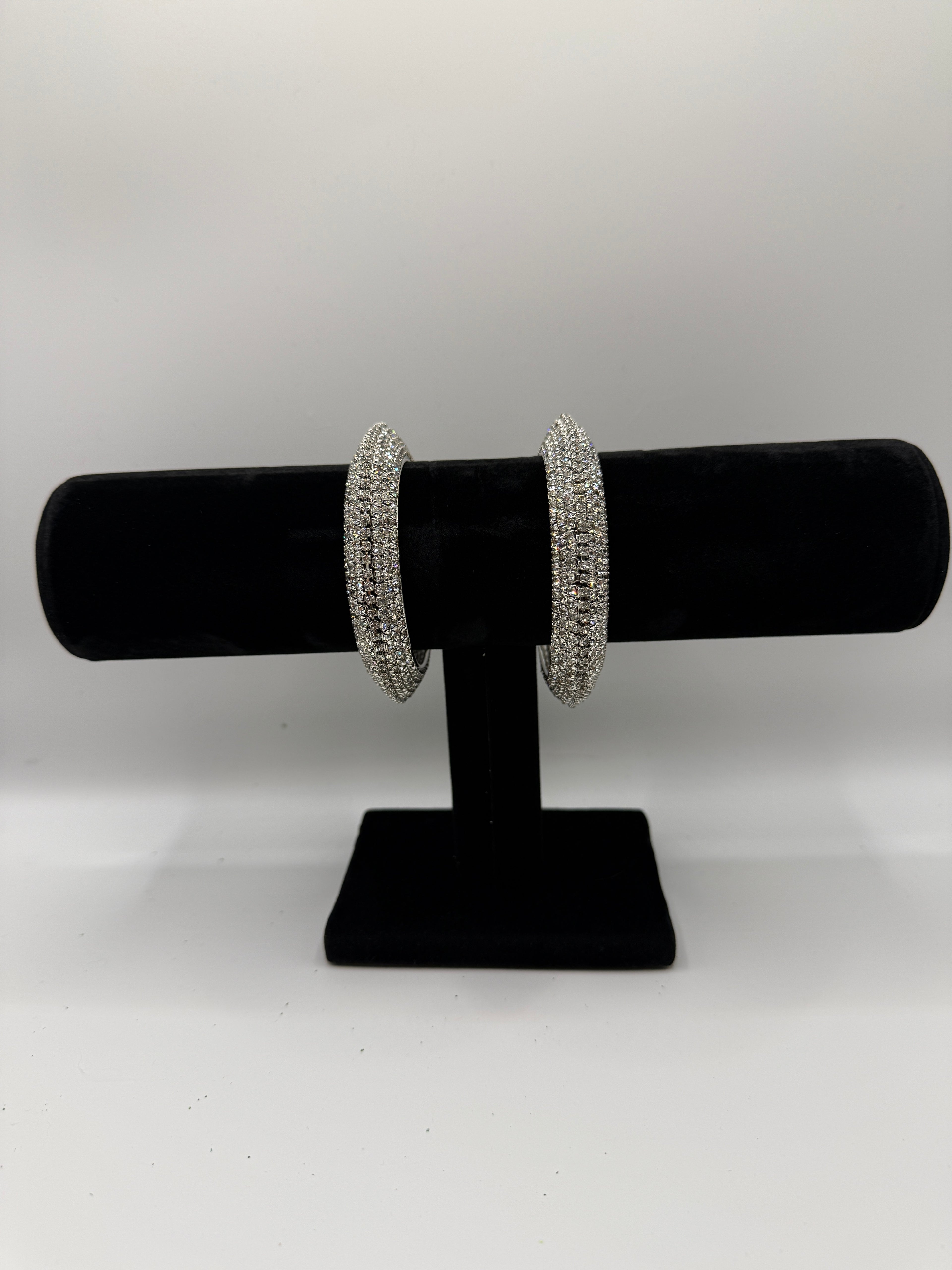 Sparkling Crystal Statement Bangles – Silver Tone (Set of 2)