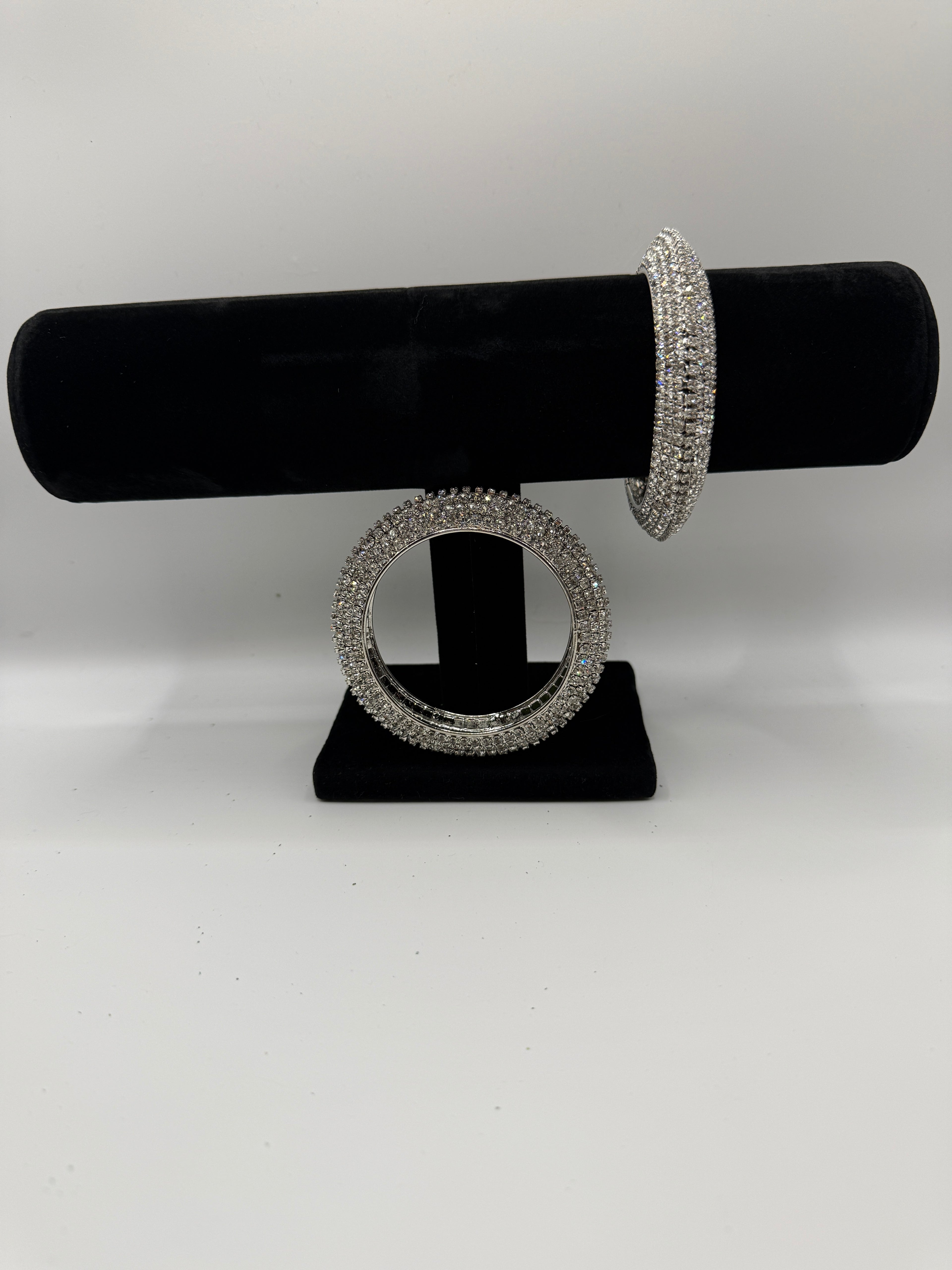 Sparkling Crystal Statement Bangles – Silver Tone (Set of 2)