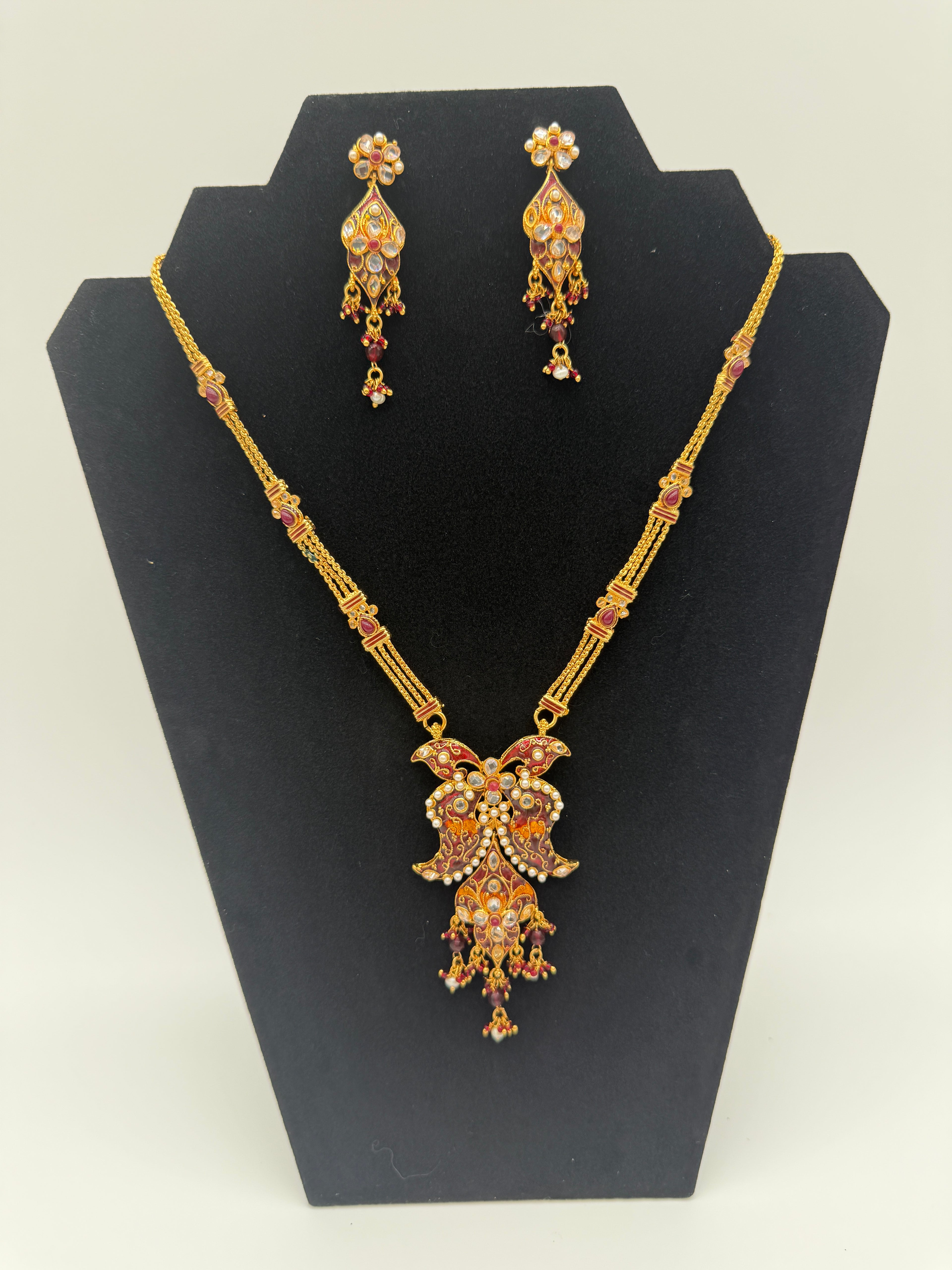 Gold & Red Kundan Necklace Set with Earrings – Indian Jewelry (New with Tags)