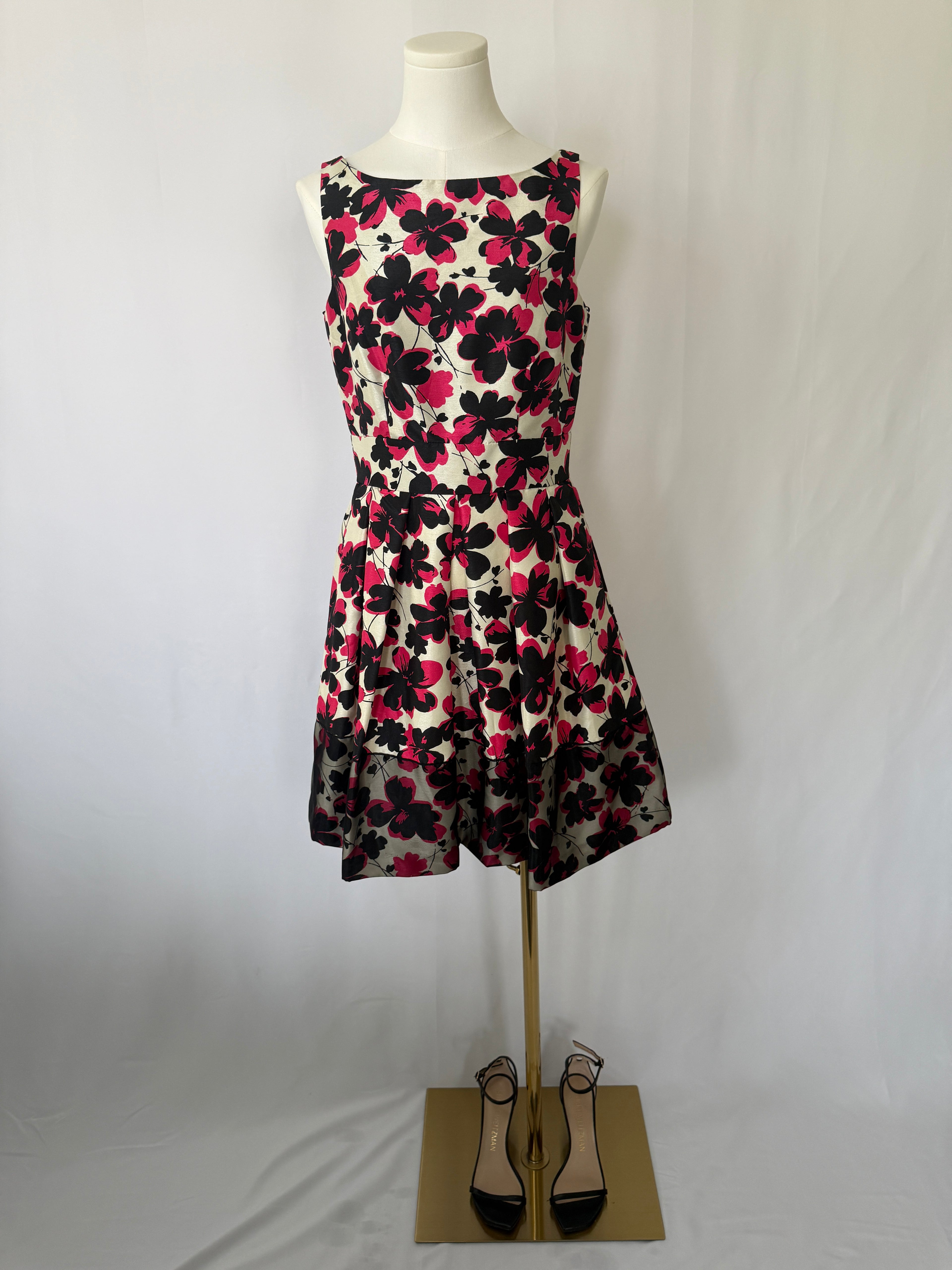 Taylor Floral Fit & Flare Dress – Pink & Black on Ivory (Size 4, Worn Once)