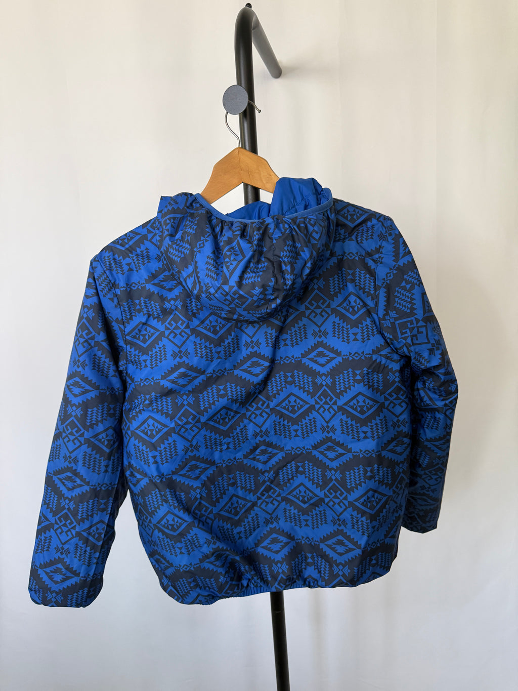 The North Face Boys’ Reversible Shasta Full‑Zip Hooded Jacket (Youth 14/16) – Royal Blue / Patterned