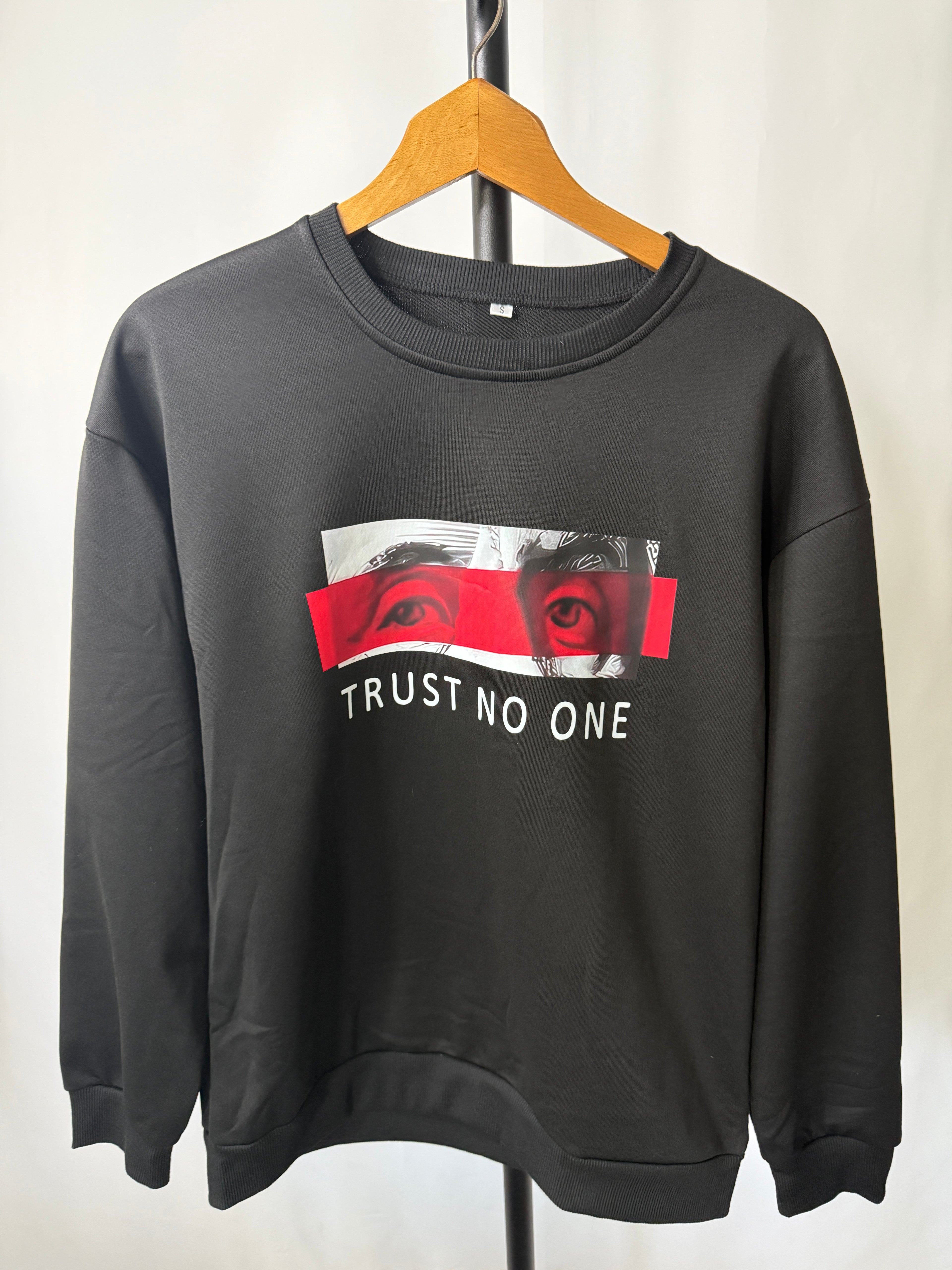 Trust No One Sweatshirt – Black Graphic Crew (Size S, New Without Tags)
