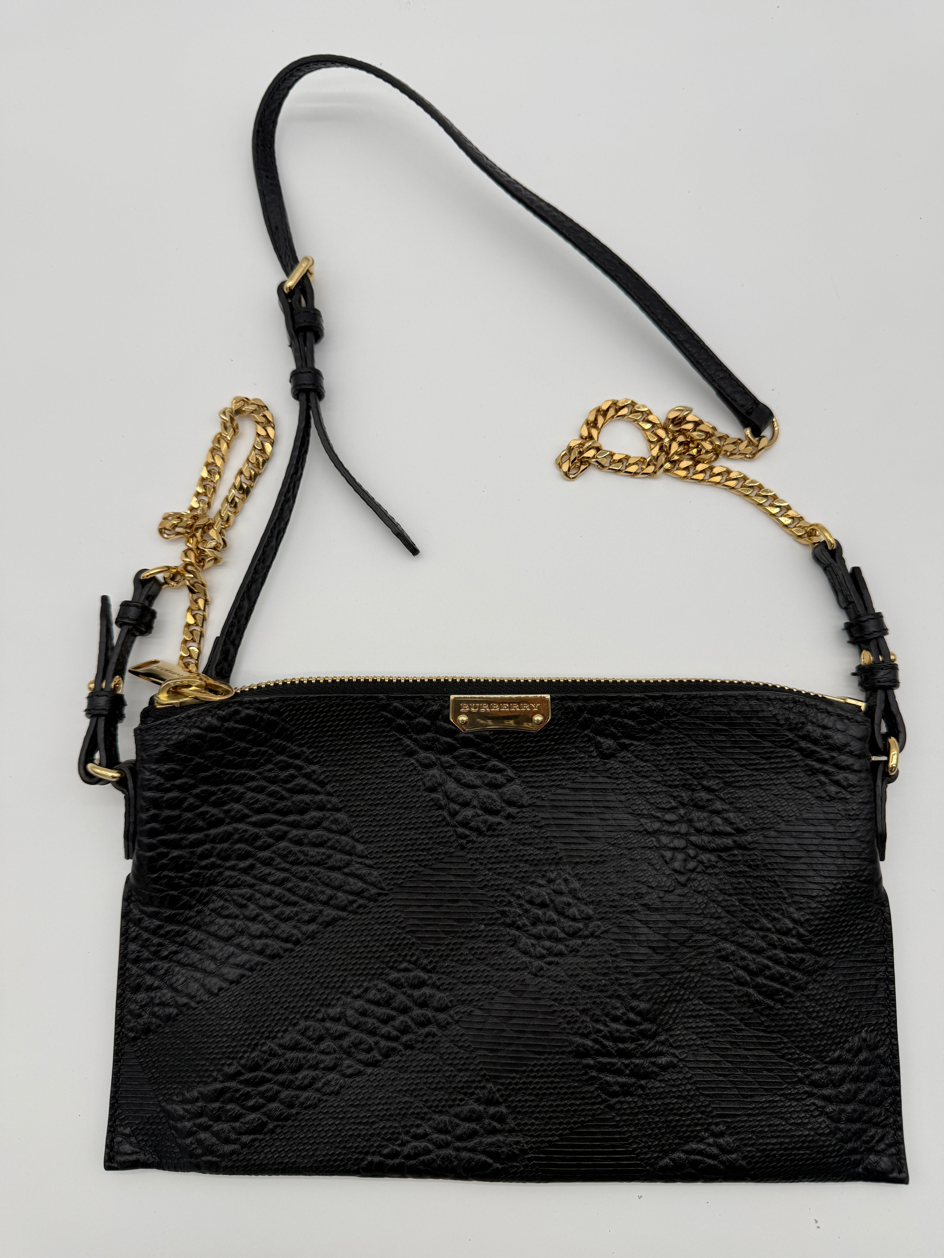 Burberry Black Grainy Leather Crossbody Bag with Gold Chain Strap (Gently Used, Dust Bag Included)