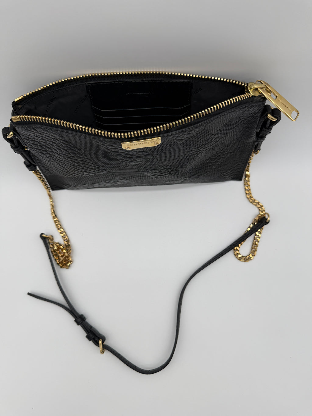 Burberry Black Grainy Leather Crossbody Bag with Gold Chain Strap (Gently Used, Dust Bag Included)