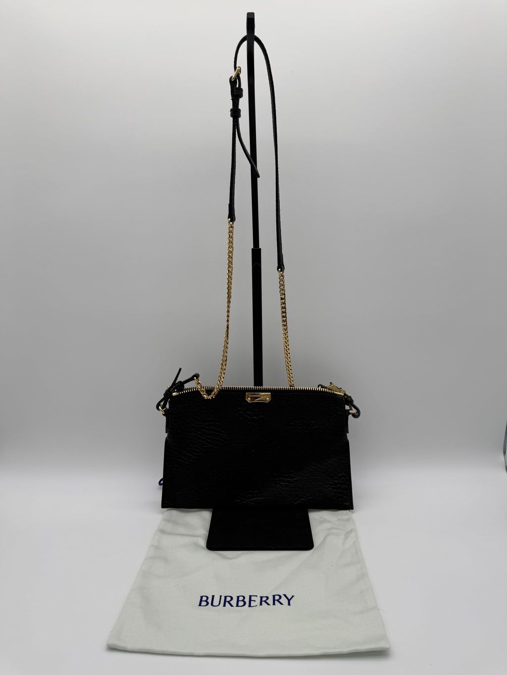 Burberry Black Grainy Leather Crossbody Bag with Gold Chain Strap (Gently Used, Dust Bag Included)