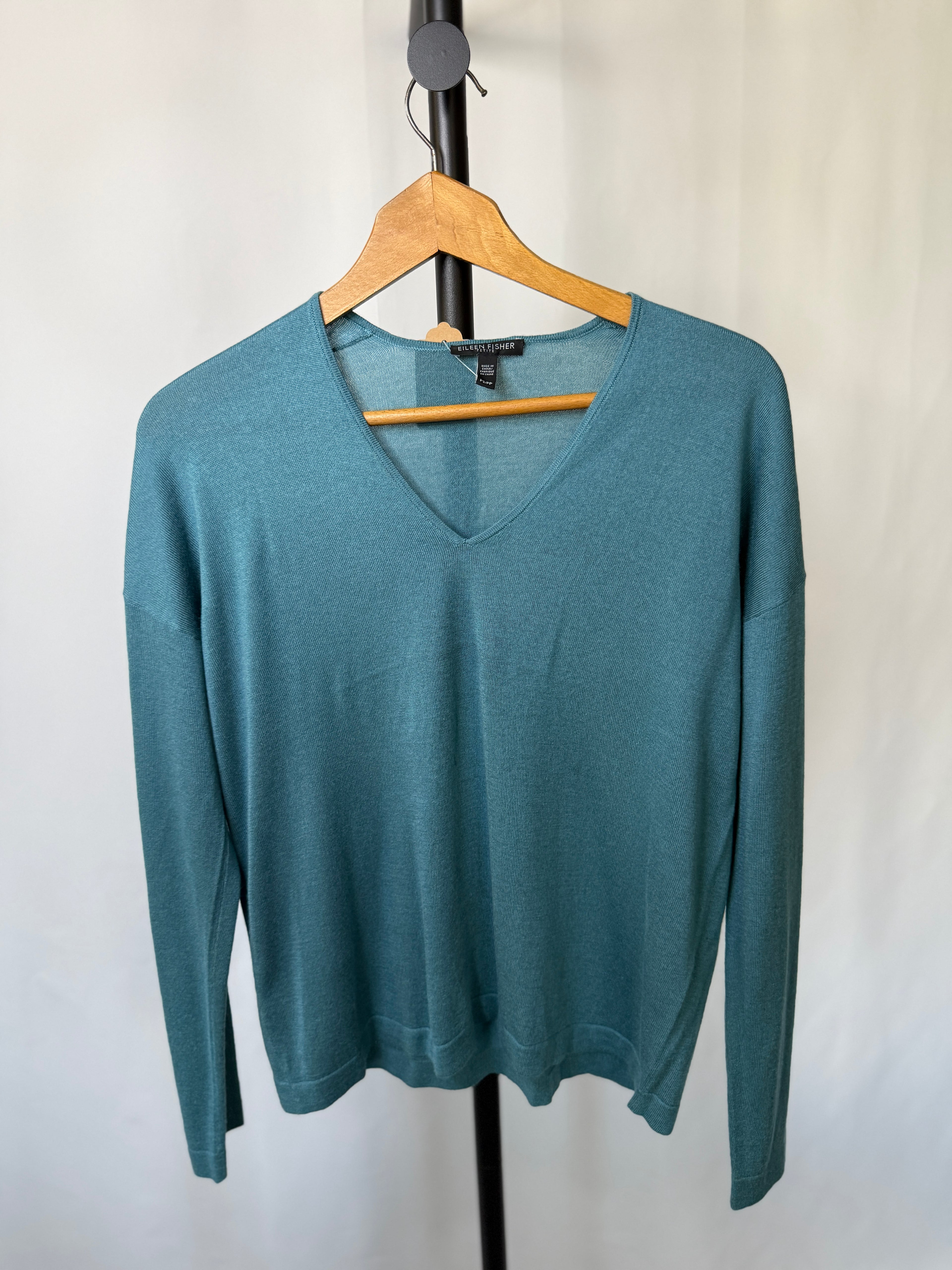 Eileen Fisher Teal V-Neck Sweater – Size S (New, No Tags)