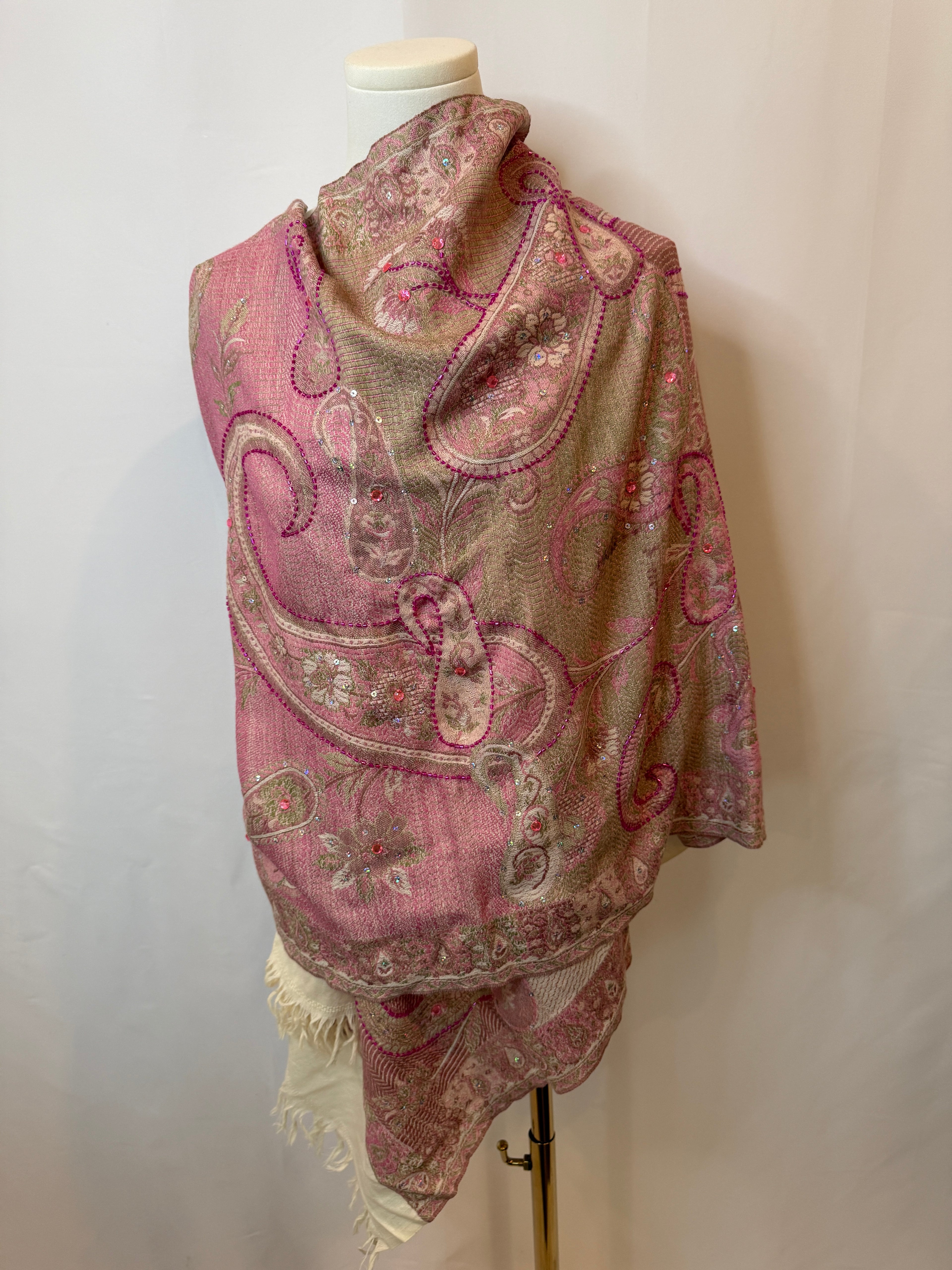 Embellished Paisley-Print Shawl / Wrap – Pink & Taupe Tones, Beaded Detail (Never Worn, No Tags)