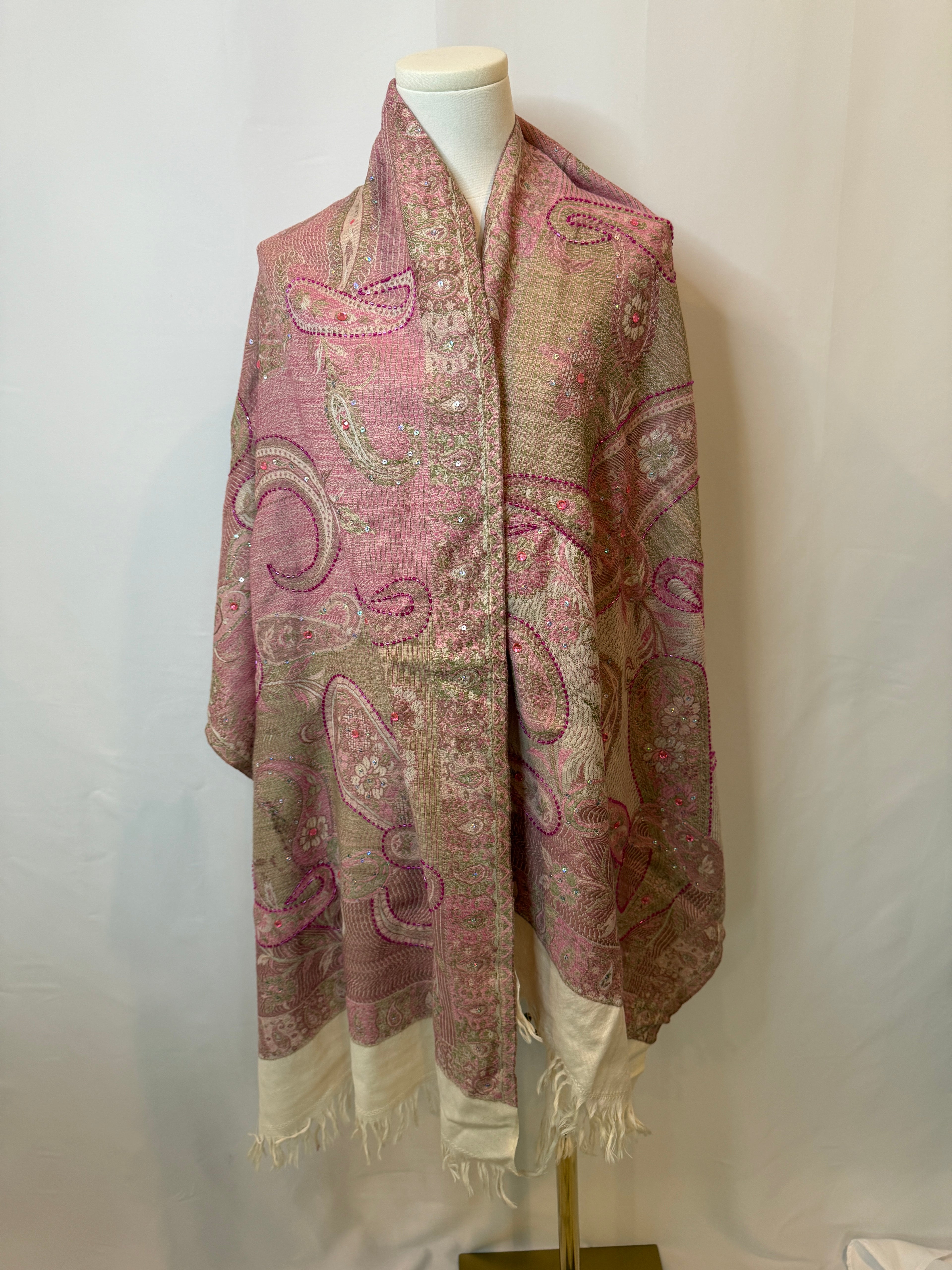Embellished Paisley-Print Shawl / Wrap – Pink & Taupe Tones, Beaded Detail (Never Worn, No Tags)