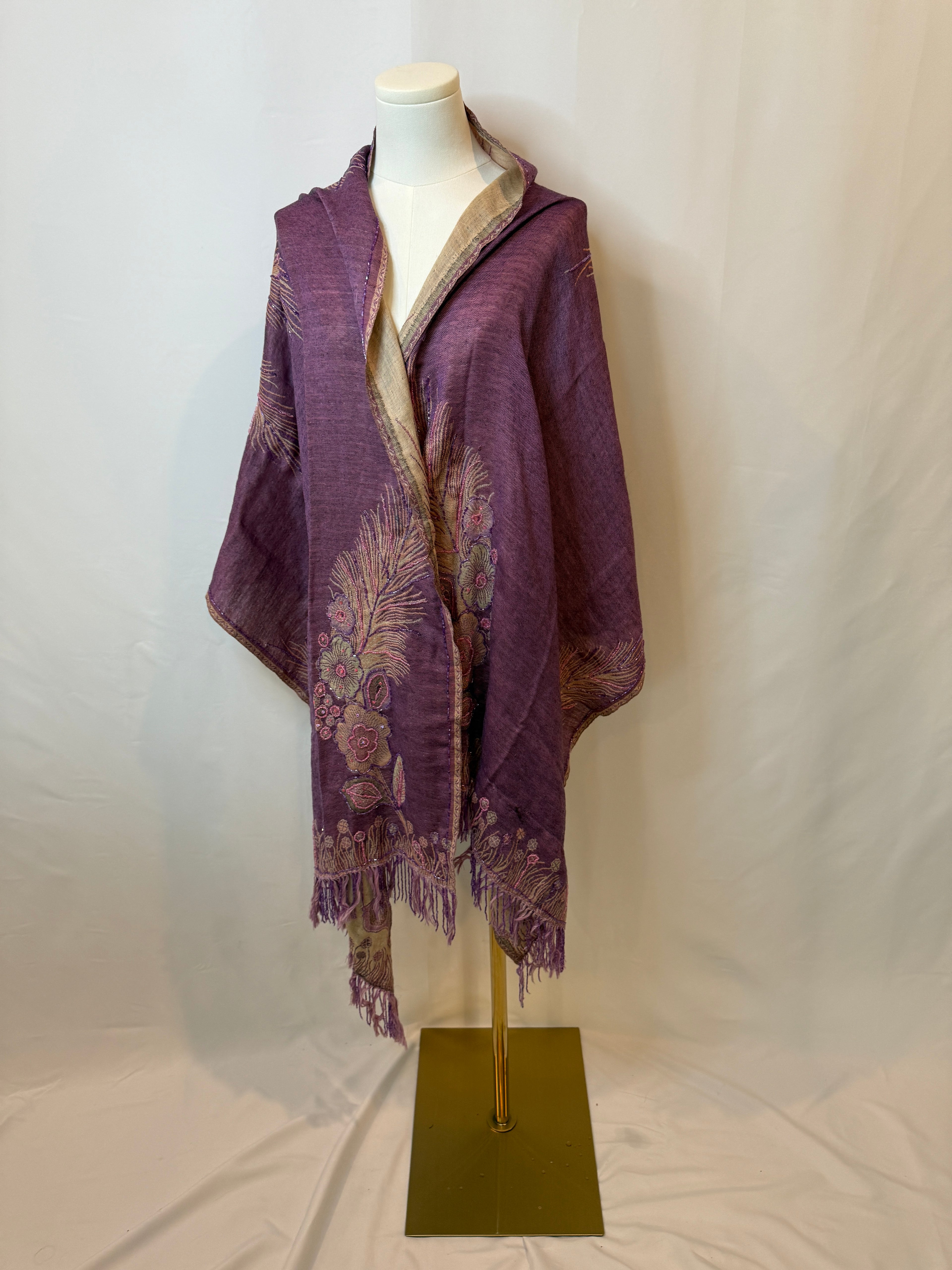 Embellished Paisley-Print Shawl/Wrap – Pink & Taupe, Beaded Detail (Never Worn, No Tags)
