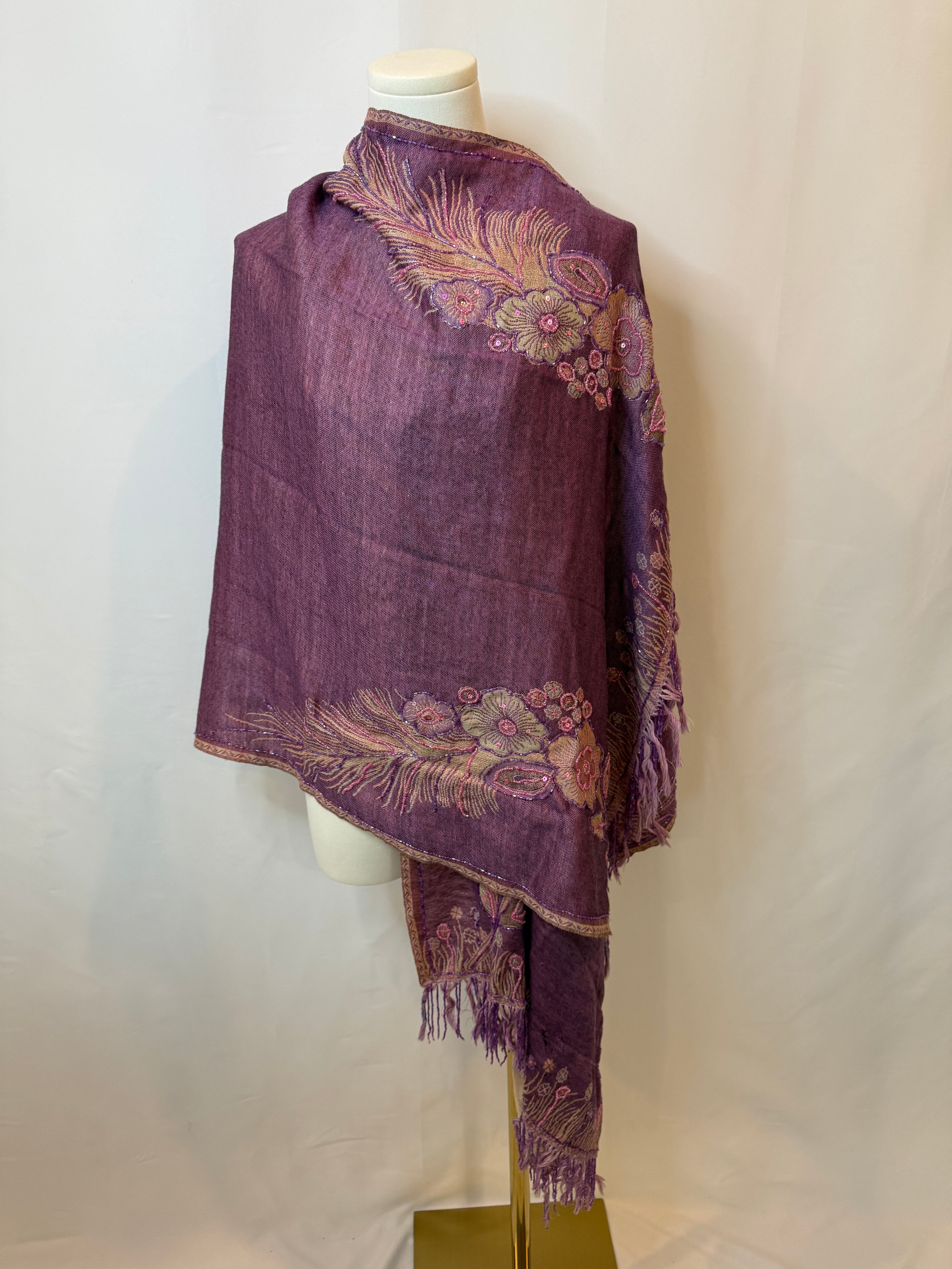 Embellished Paisley-Print Shawl/Wrap – Pink & Taupe, Beaded Detail (Never Worn, No Tags)