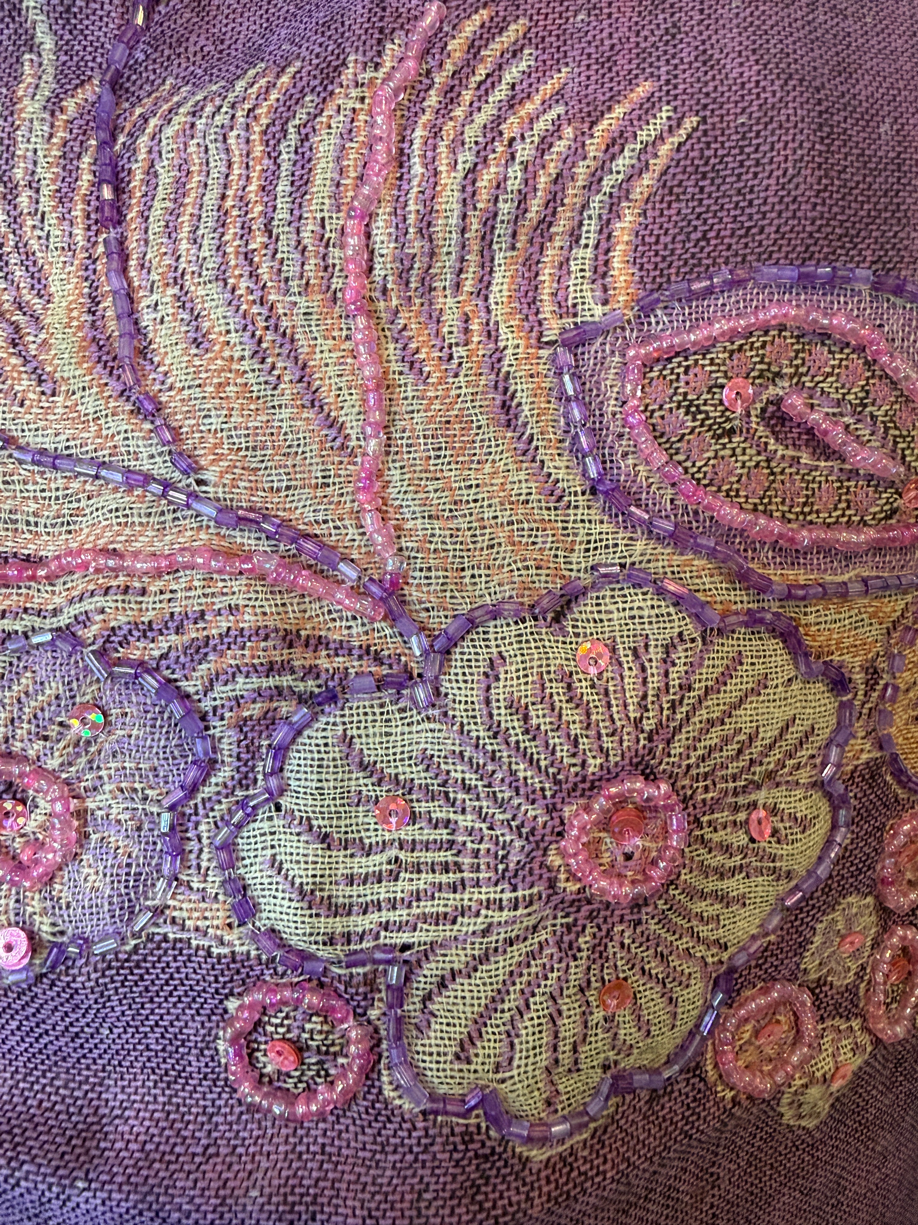 Embellished Paisley-Print Shawl/Wrap – Pink & Taupe, Beaded Detail (Never Worn, No Tags)