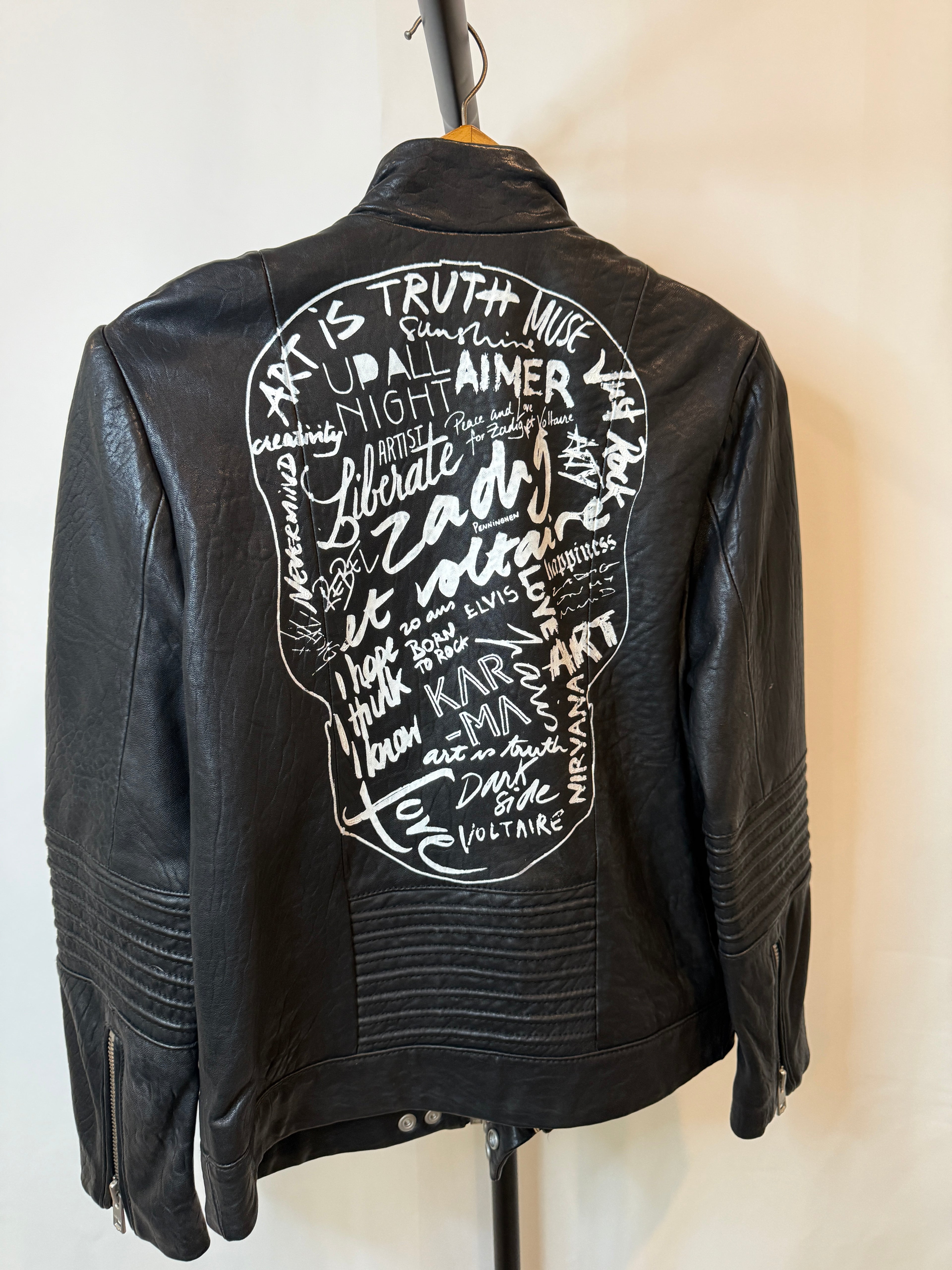 Zadig & Voltaire Black Leather Biker Jacket with Signature Skull/Graphic Back (Size S, Unworn) + Amazon Find