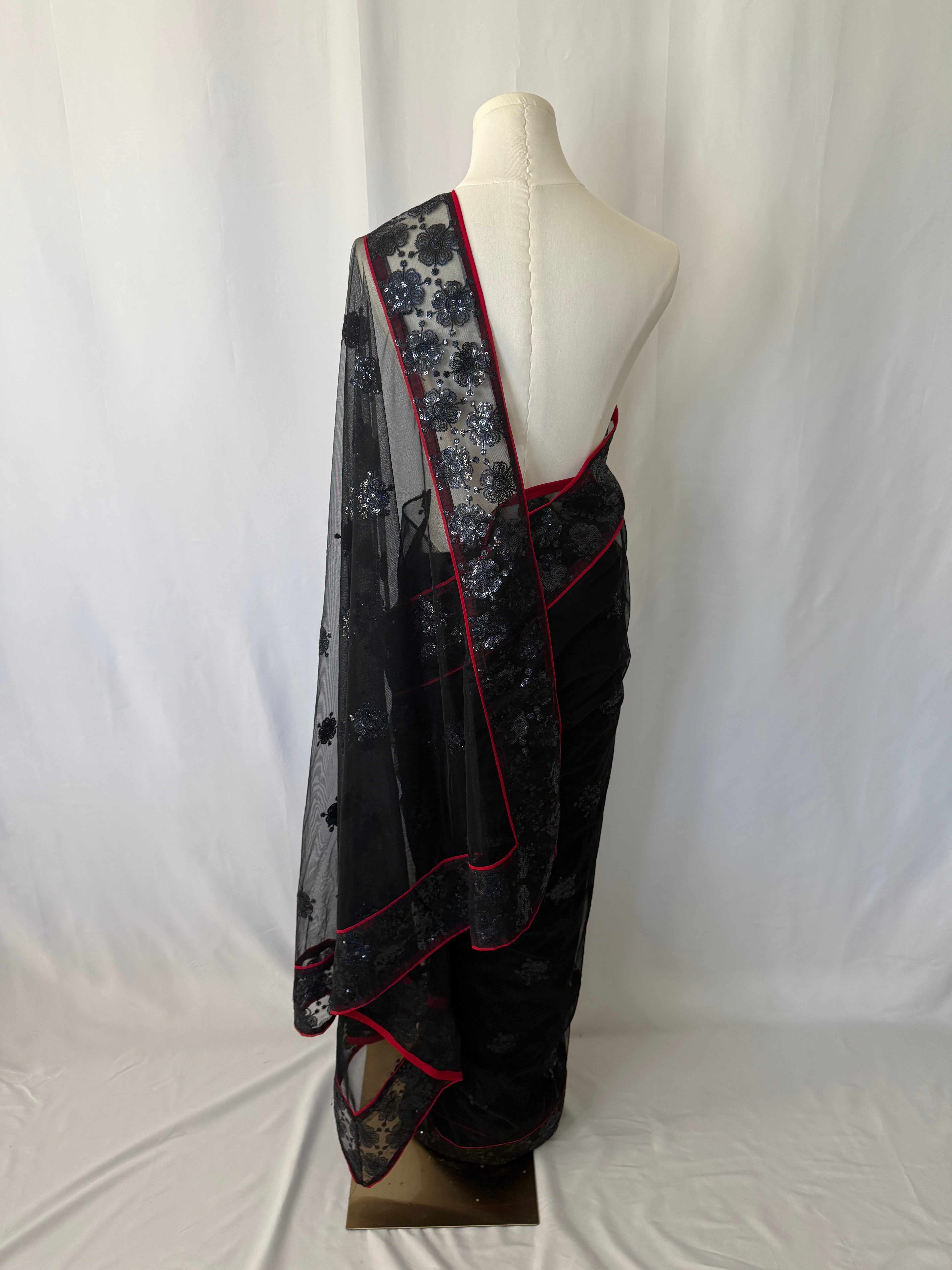 🖤 Black Sequin Net Saree with Red Border — Elegant Evening Drape + Amazon Find
