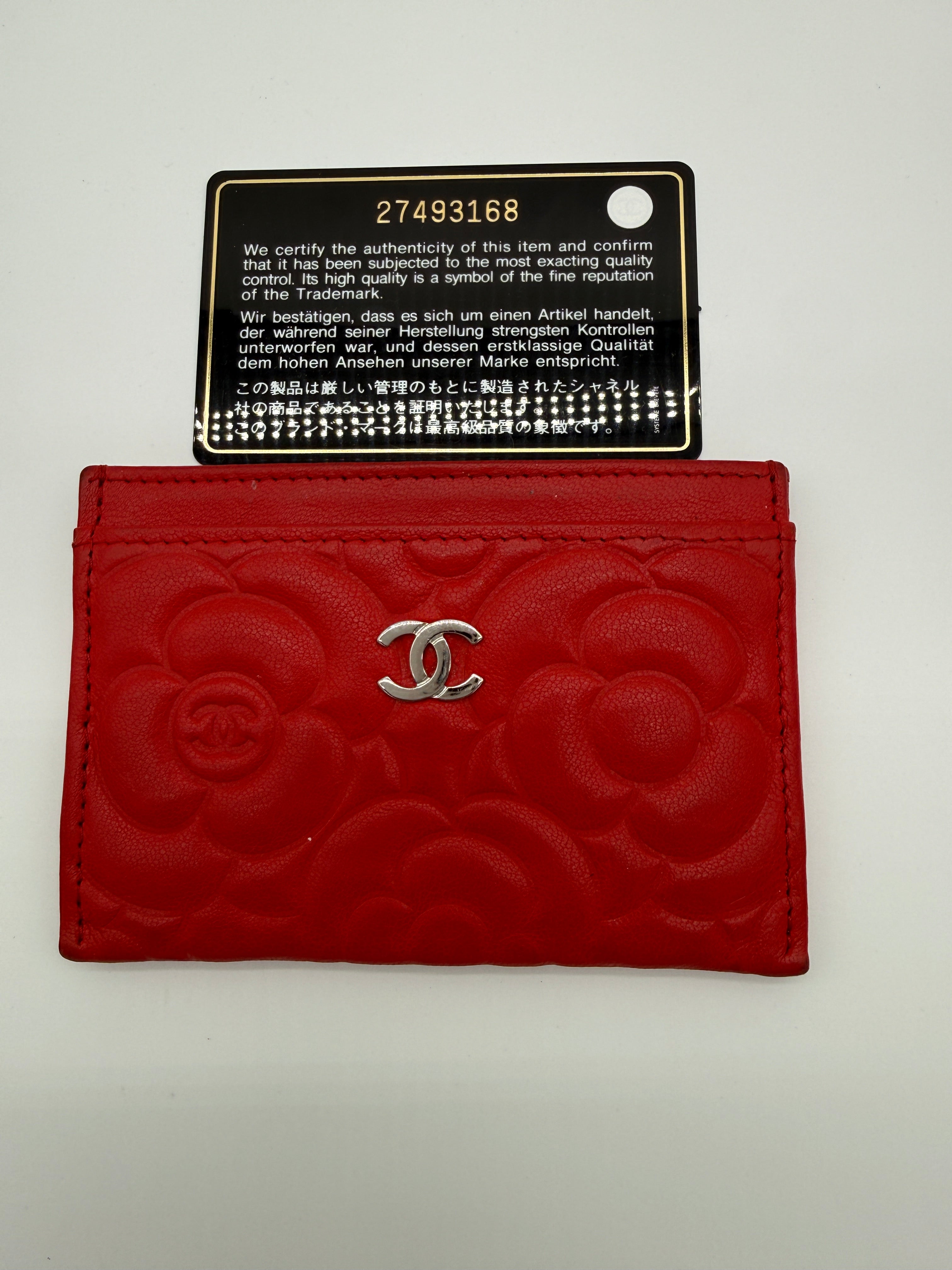 Chanel Camellia Embossed Leather Card Holder – Red – Authenticated