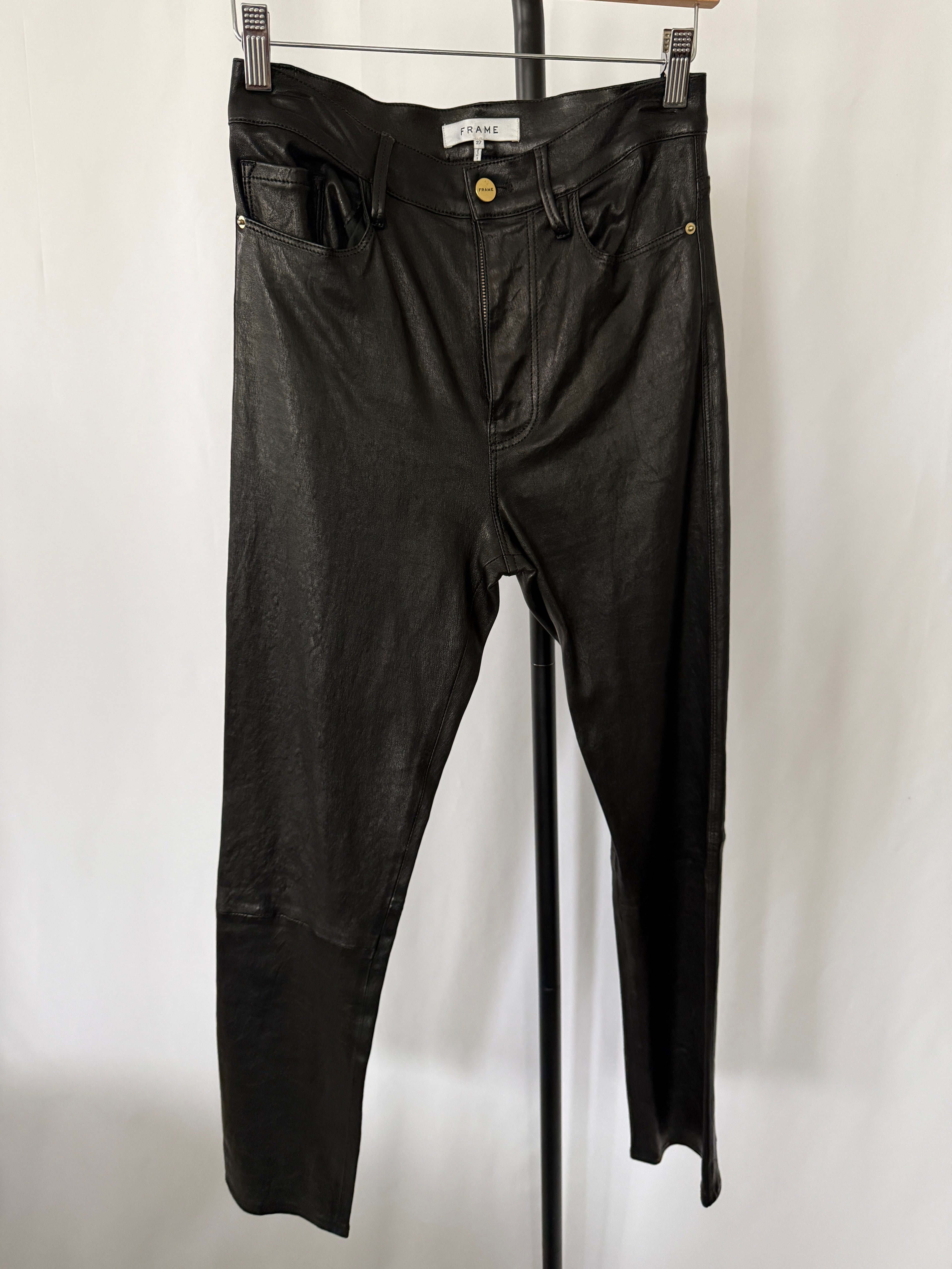 FRAME Le Sylvie Slender Straight Leather Pants – Size 27 – Black – Lightly Worn