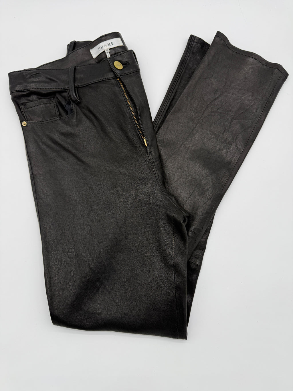 FRAME Le Sylvie Slender Straight Leather Pants – Size 27 – Black – Lightly Worn