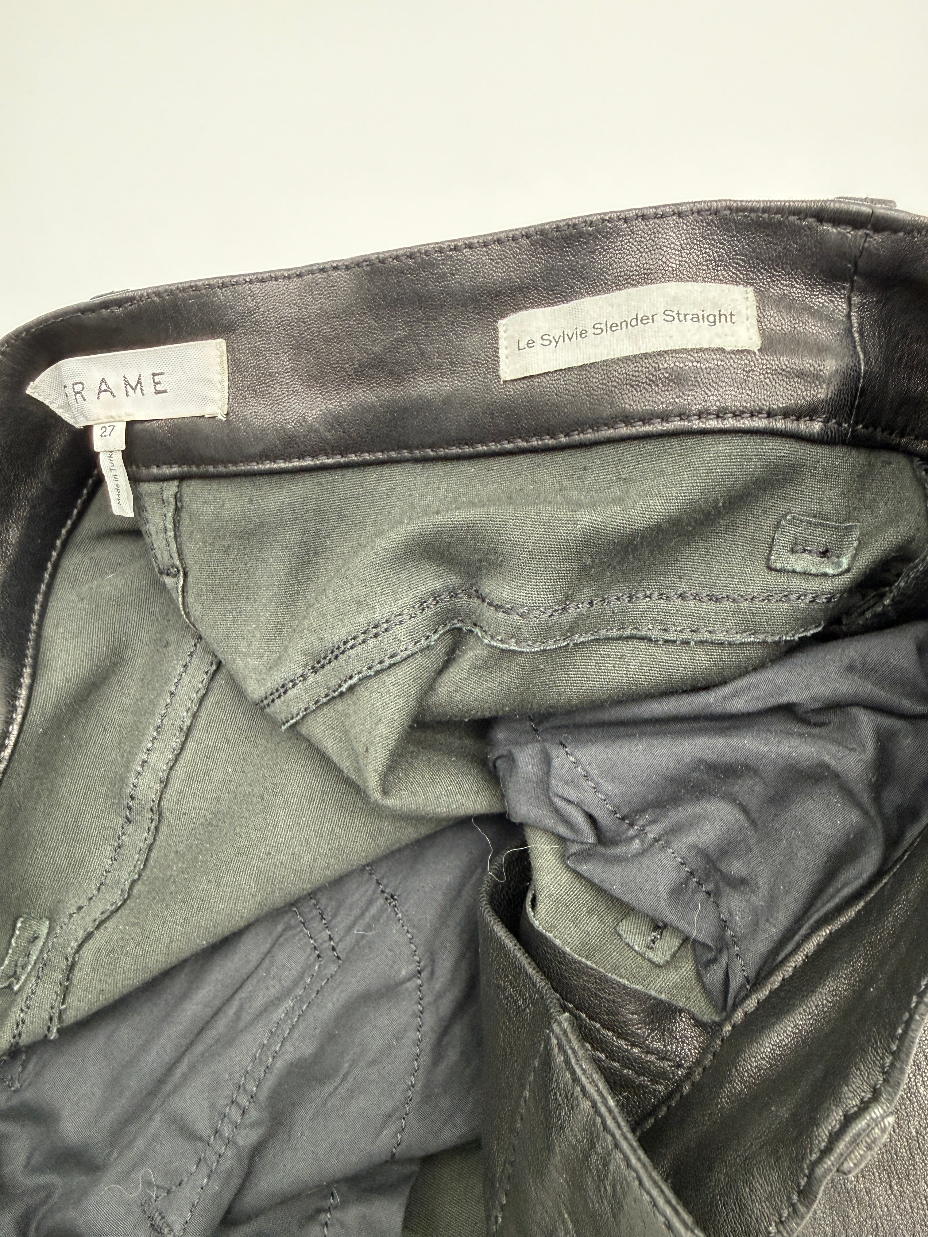 FRAME Le Sylvie Slender Straight Leather Pants – Size 27 – Black – Lightly Worn