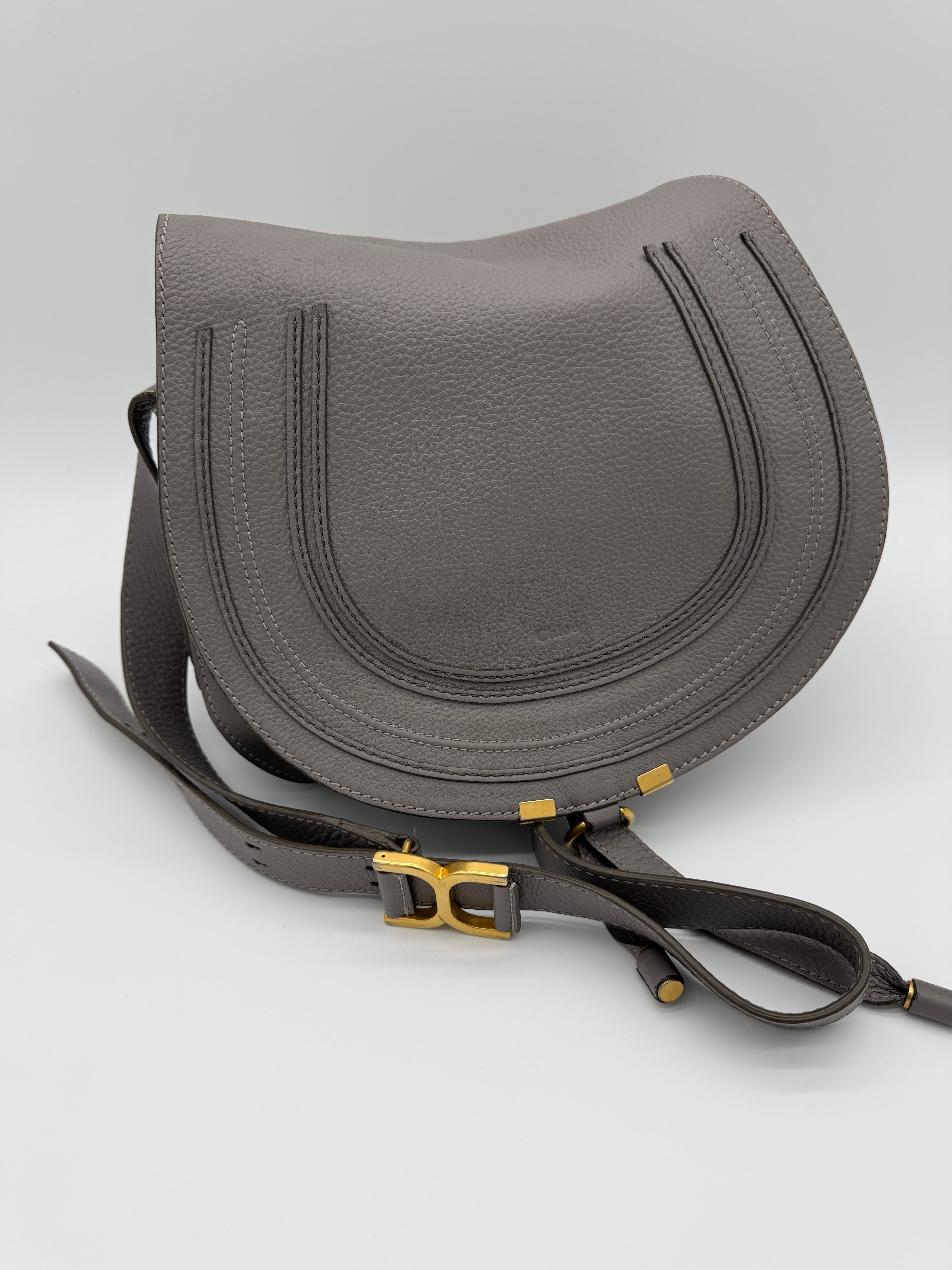 Chloé Marcie Medium Saddle Bag – Motty Grey – Crossbody – Authenticated