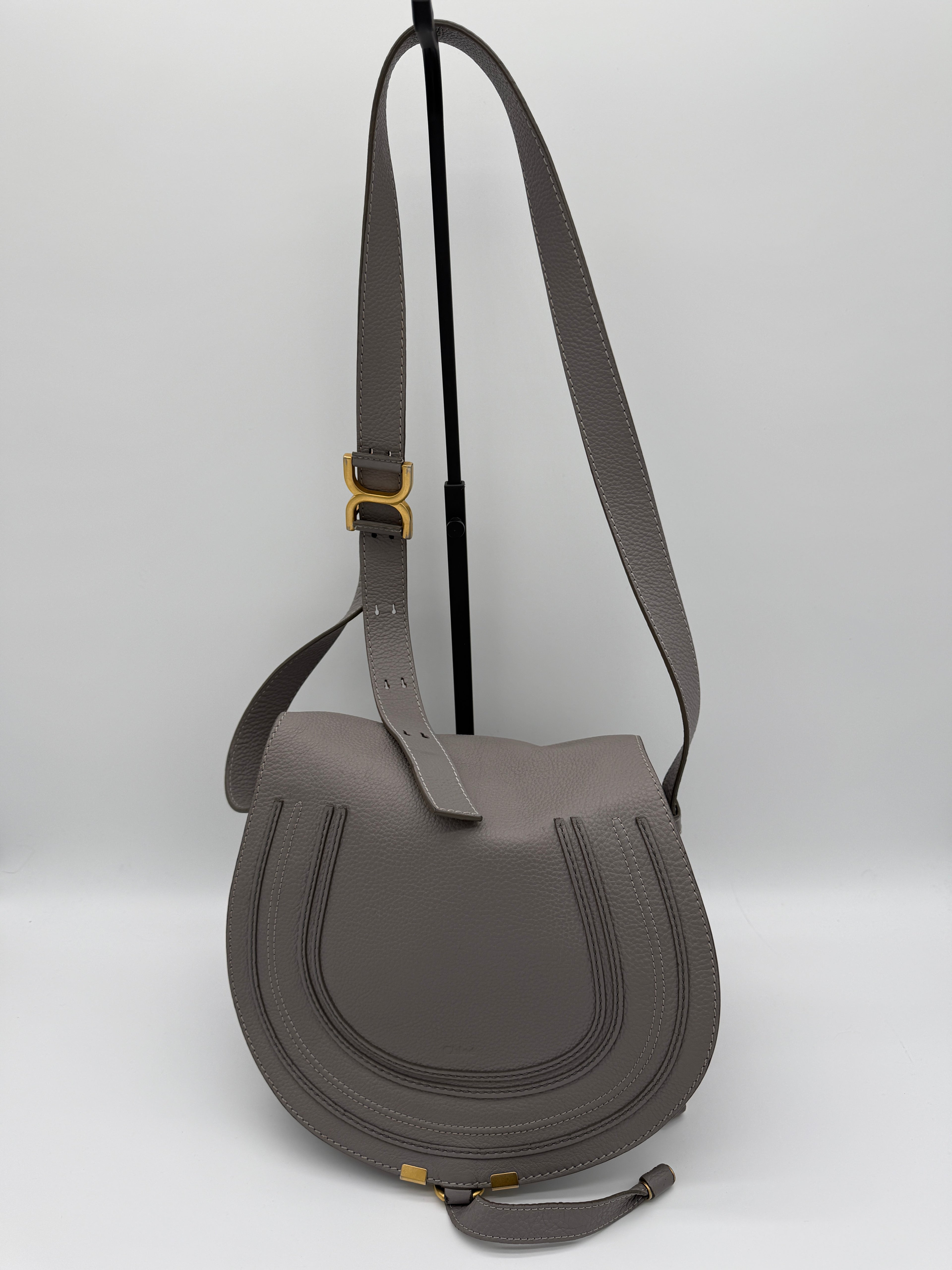 Chloé Marcie Medium Saddle Bag – Motty Grey – Crossbody – Authenticated