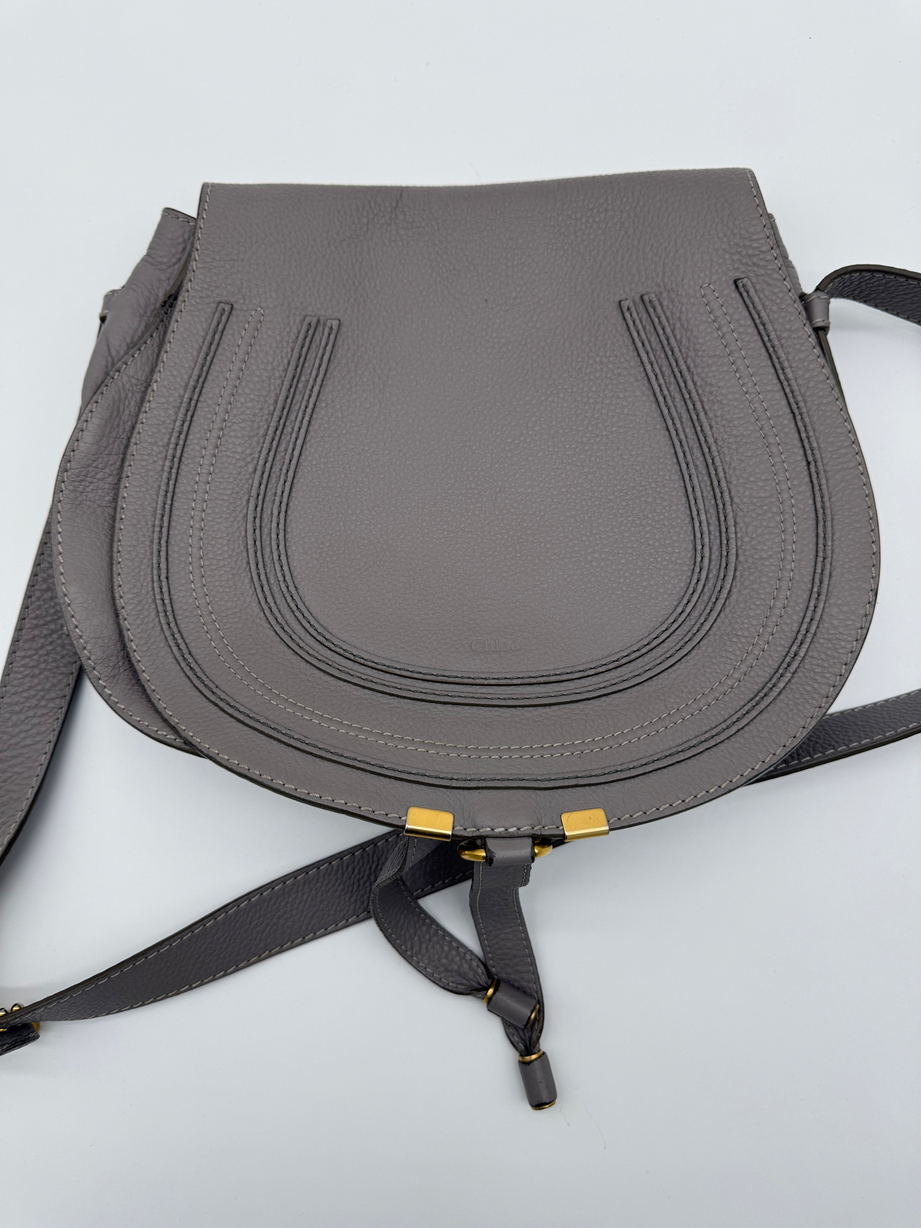 Chloé Marcie Medium Saddle Bag – Motty Grey – Crossbody – Authenticated