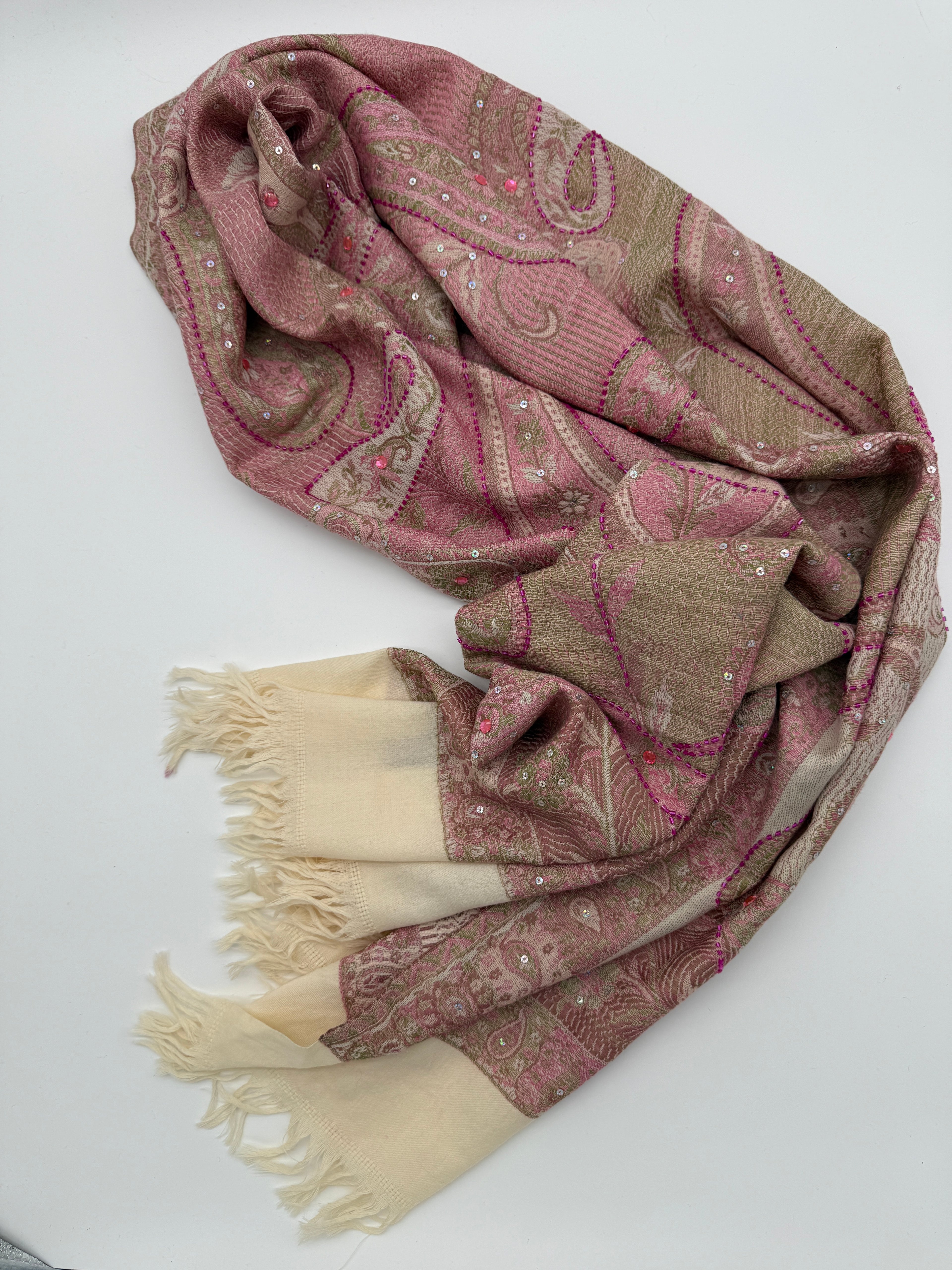 Embellished Paisley-Print Shawl / Wrap – Pink & Taupe Tones, Beaded Detail (Never Worn, No Tags)